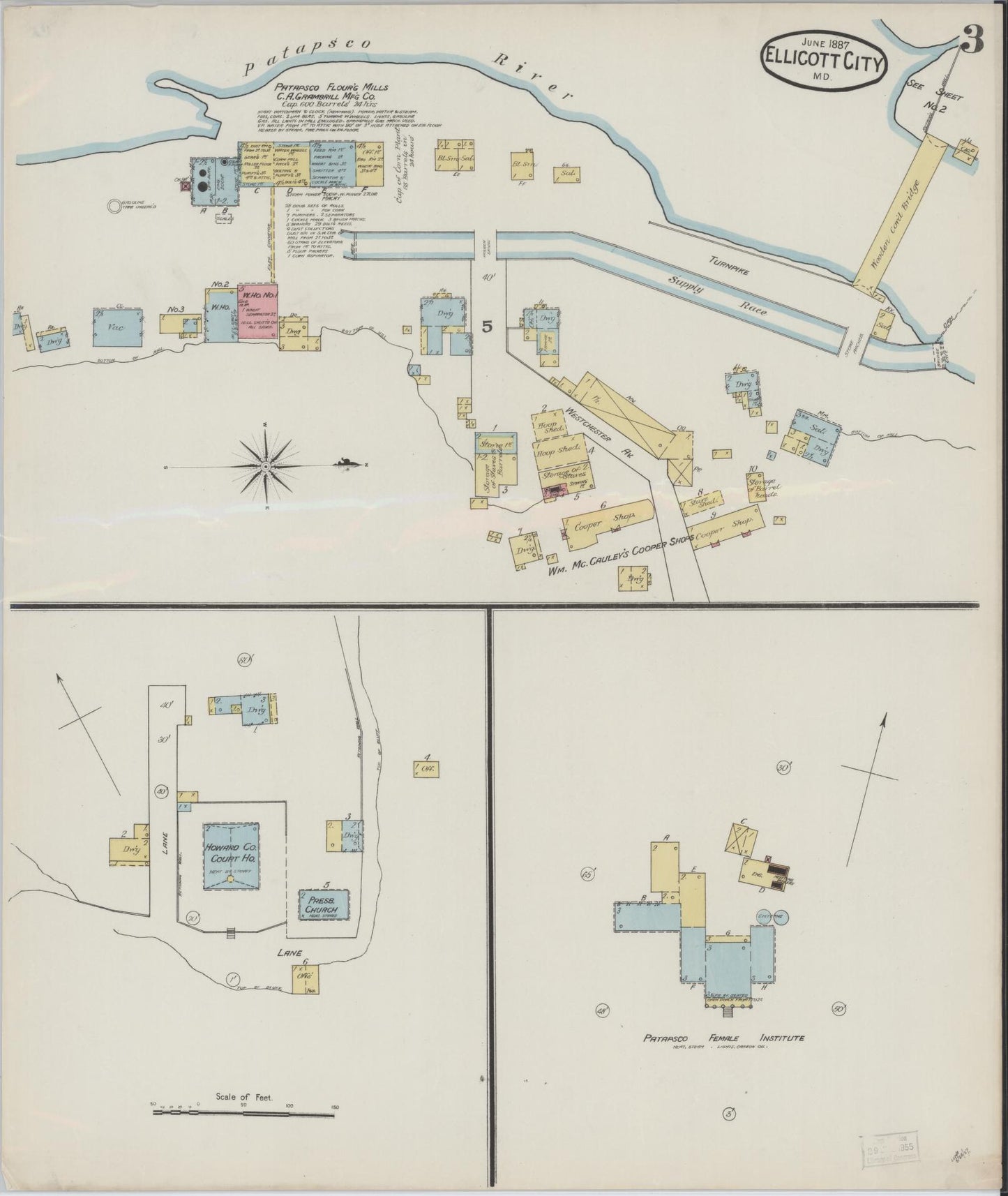 Sanborn Fire Insurance Map from Ellicott City, Howard County, Maryland (1887), Sheet #0003 - Complete Map Set gallery image, historic Sanborn map, vintage wall art, Maryland Maryland