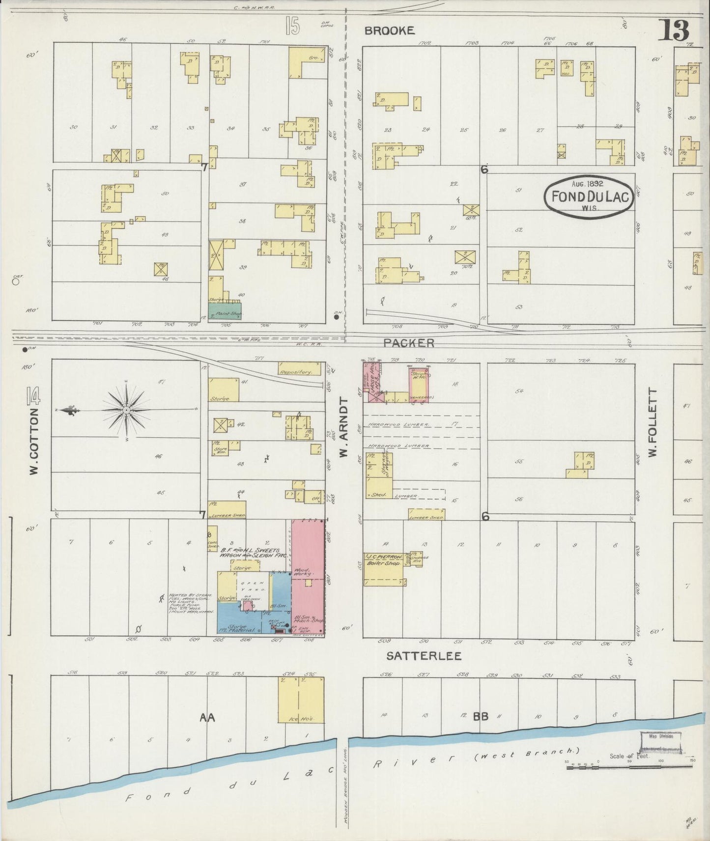 Sanborn Fire Insurance Map from Fond du Lac, Fond du Lac County, Wisconsin (1892), Sheet #0013 - Historic Sanborn Fire Insurance Map Print, vintage old map wall art, antique decor, genealogy gift, Wisconsin Wisconsin map