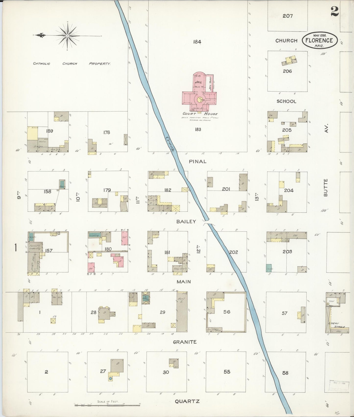 Sanborn Fire Insurance Map from Florence, Pinal County, Arizona (1898), Sheet #0002 - Historic Sanborn Fire Insurance Map Print, vintage old map wall art, antique decor, genealogy gift, Arizona Arizona map