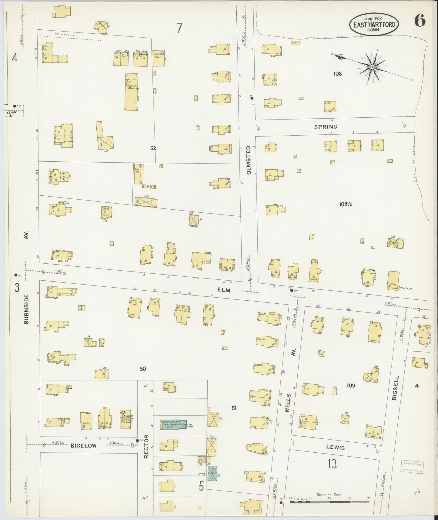 Sanborn Fire Insurance Map from East Hartford, Hartford County, Connecticut (1908), Sheet #0006 - Historic Sanborn Fire Insurance Map Print, vintage old map wall art, antique decor, genealogy gift, Connecticut Connecticut map