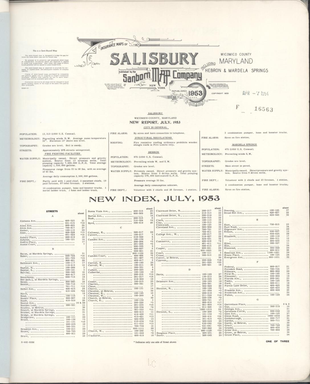 Sanborn Fire Insurance Map from Salisbury, Wicomico County, Maryland (1953), Sheet #0001 - Historic Sanborn Fire Insurance Map Print, vintage old map wall art, antique decor, genealogy gift, Maryland Maryland map