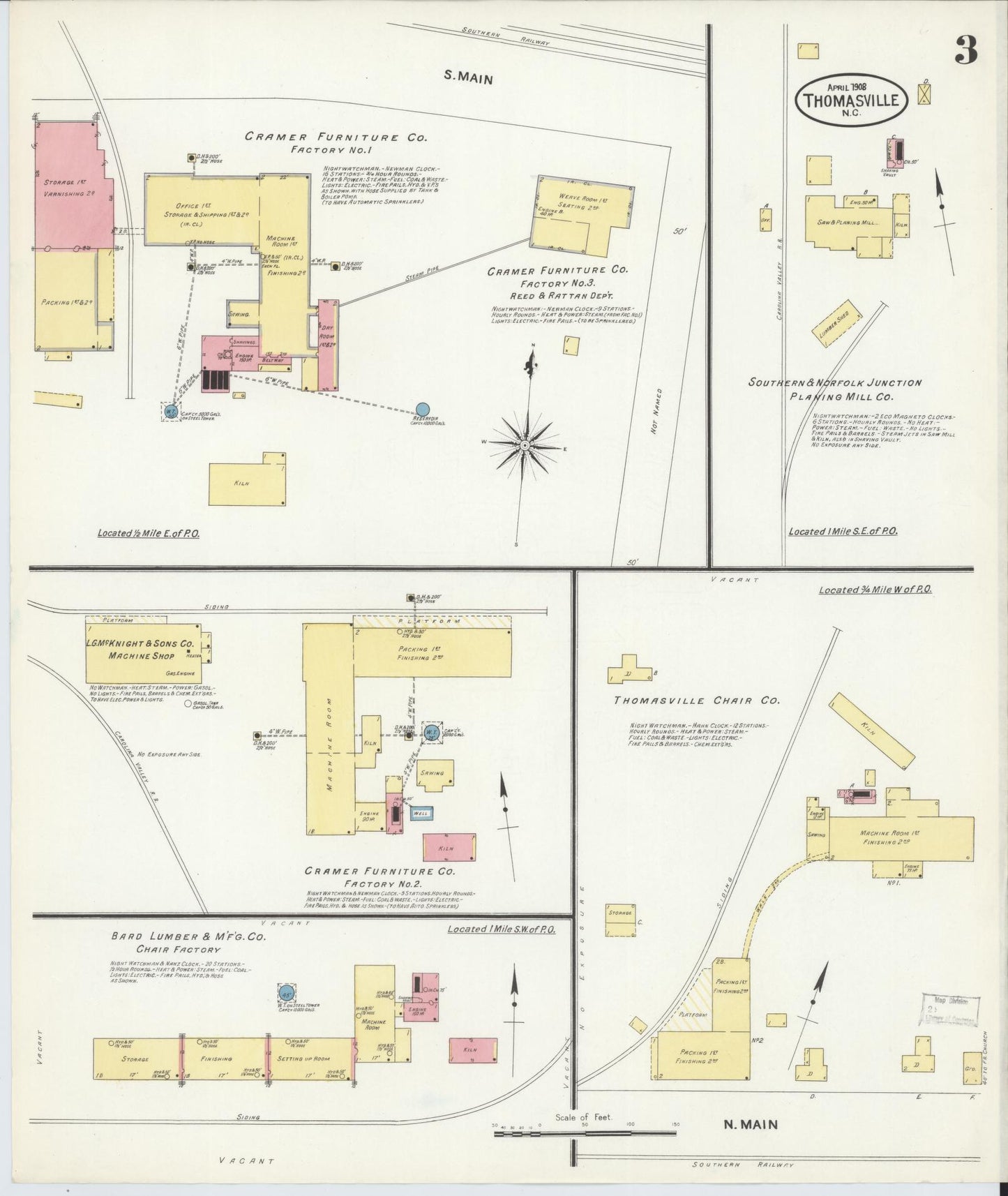 Sanborn Fire Insurance Map from Thomasville, Davidson County, North Carolina (1908), Sheet #0003 - Complete Map Set gallery image, historic Sanborn map, vintage wall art, North Carolina North Carolina
