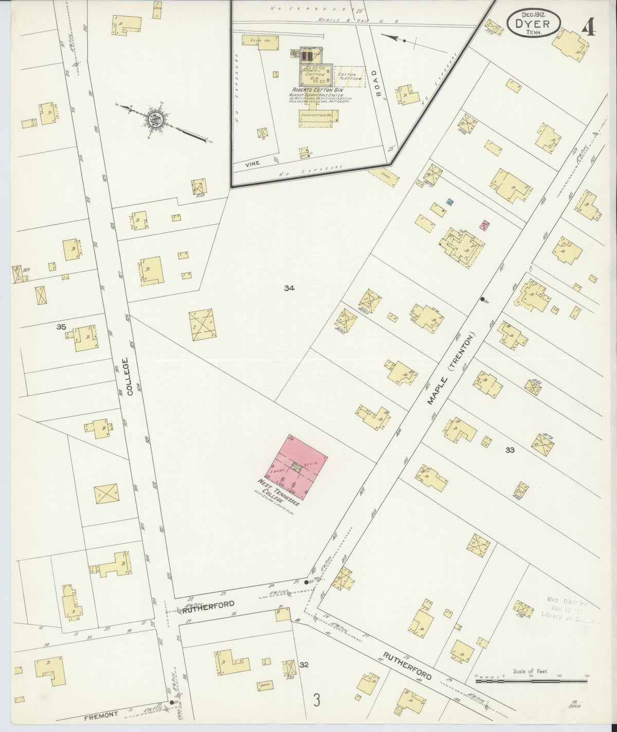 Sanborn Fire Insurance Map from Dyer, Gibson County, Tennessee (1912), Sheet #0004 - Historic Sanborn Fire Insurance Map Print, vintage old map wall art, antique decor, genealogy gift, Tennessee Tennessee map