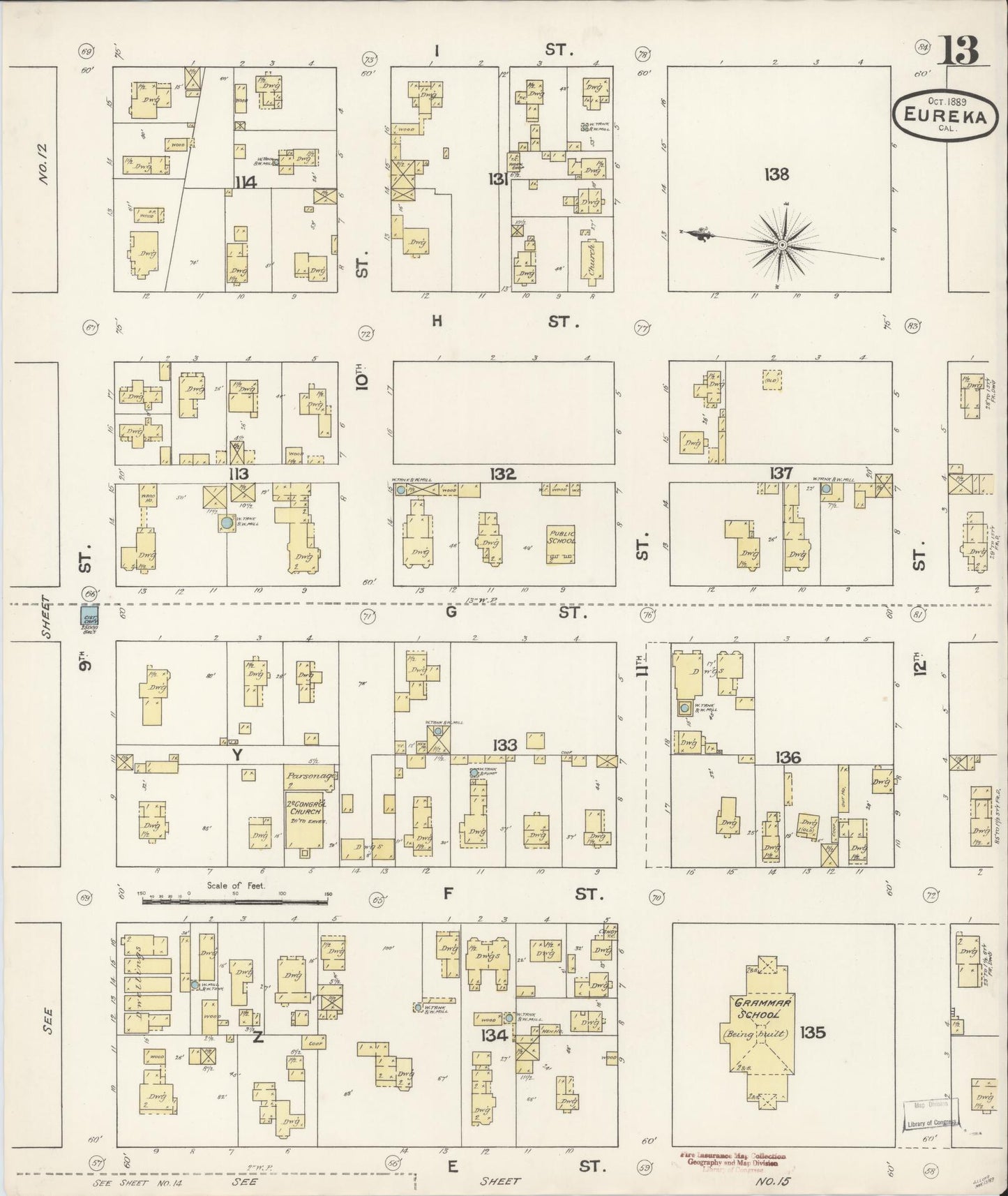 Sanborn Fire Insurance Map from Eureka, Humboldt County, California (1889), Sheet #0013 - Historic Sanborn Fire Insurance Map Print, vintage old map wall art, antique decor, genealogy gift, California California map