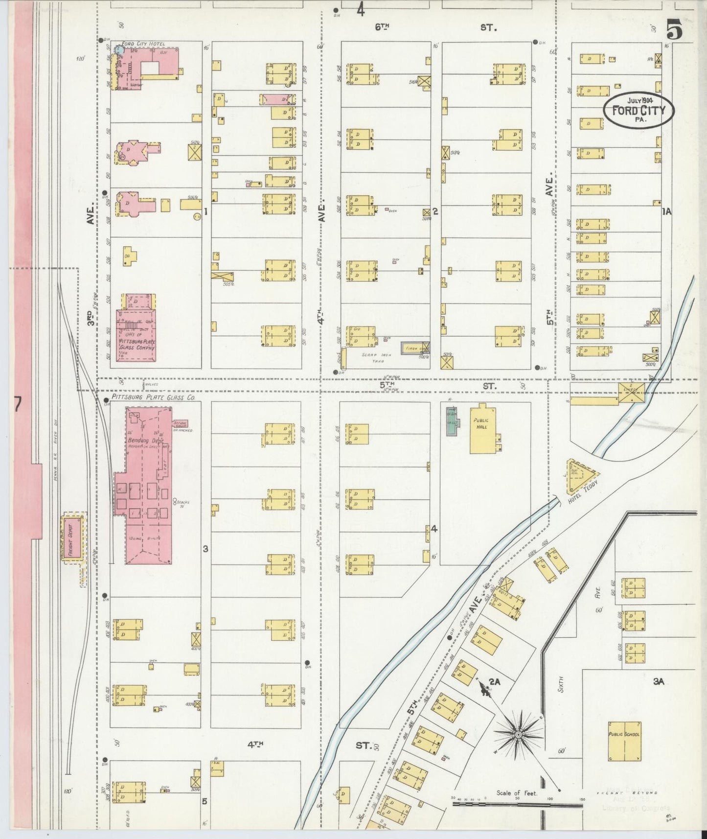 Sanborn Fire Insurance Map from Ford City, Armstrong County, Pennsylvania (1904), Sheet #0005 - Historic Sanborn Fire Insurance Map Print, vintage old map wall art, antique decor, genealogy gift, Pennsylvania Pennsylvania map