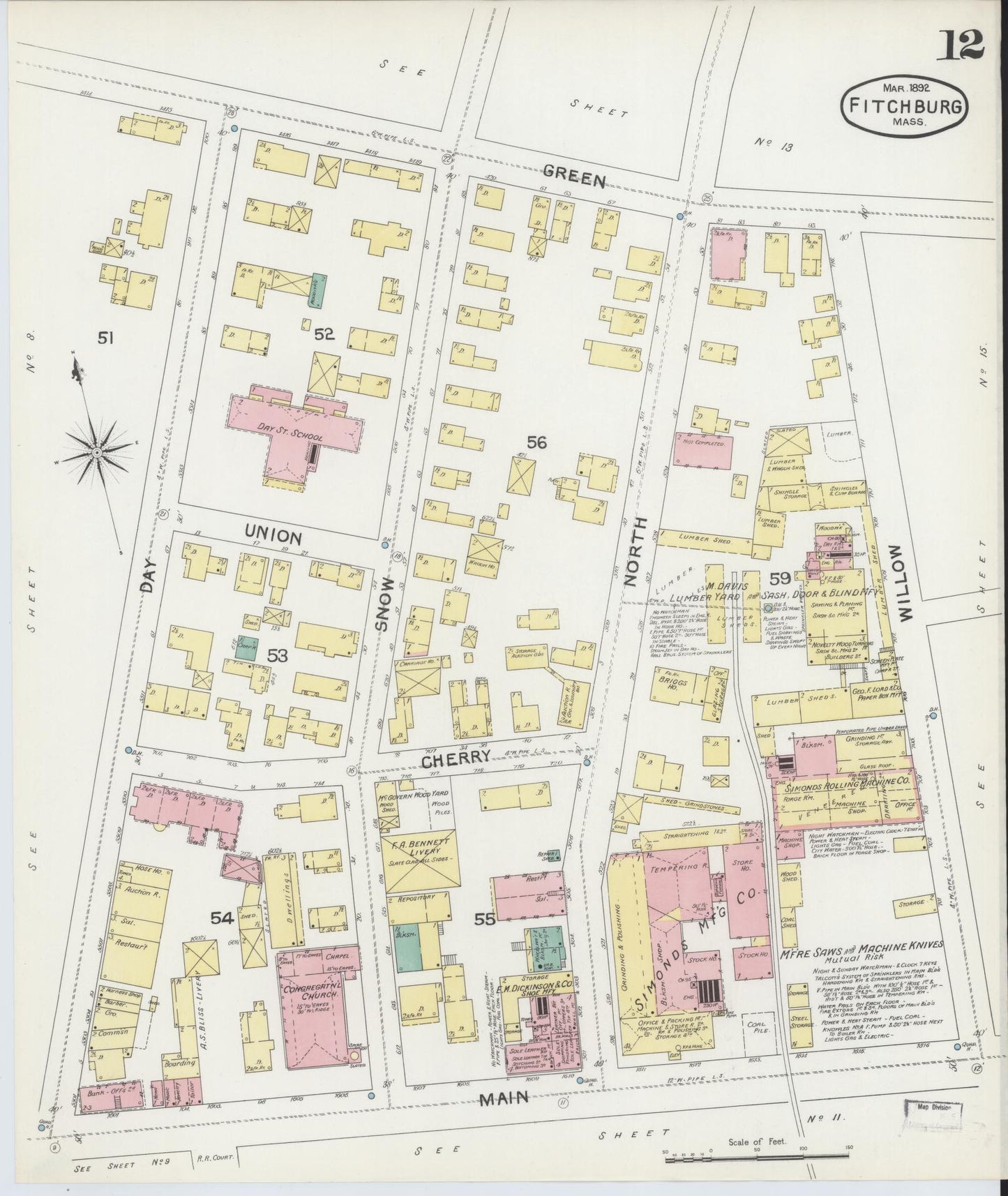 Sanborn Fire Insurance Map from Fitchburg, Worcester County, Massachusetts (1892), Sheet #0012 - Historic Sanborn Fire Insurance Map Print, vintage old map wall art, antique decor, genealogy gift, Massachusetts Massachusetts map