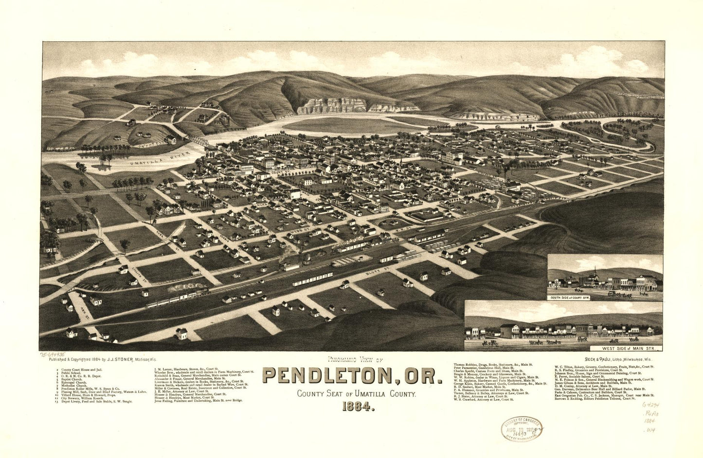 Panoramic view of Pendleton, Or., county seat of Umatilla County 1884. (1884) – Historic Bird’s-Eye View Panorama Print