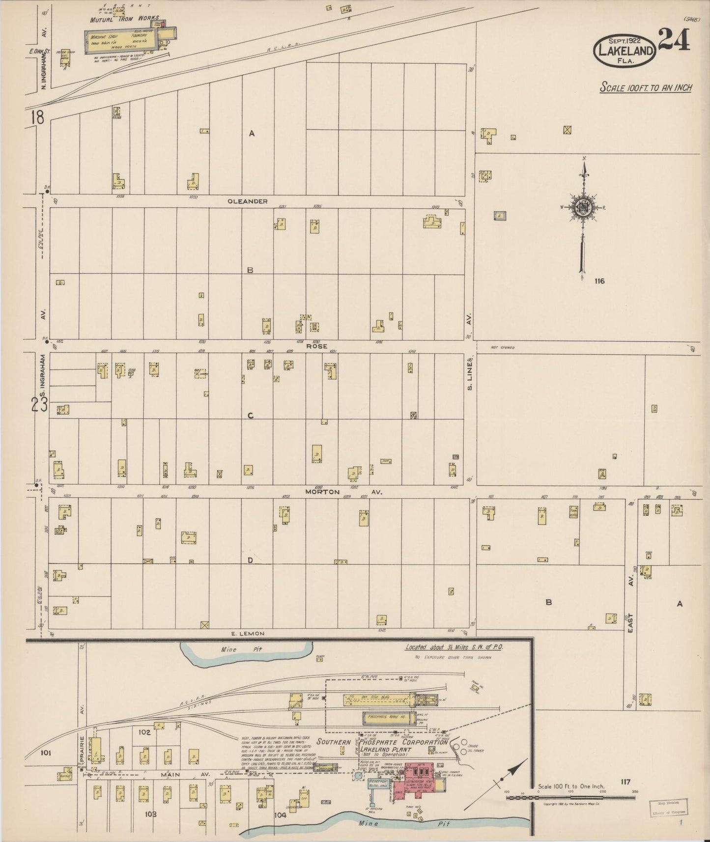 Sanborn Fire Insurance Map from Lakeland, Polk County, Florida (1922), Sheet #0024 - Historic Sanborn Fire Insurance Map Print, vintage old map wall art, antique decor, genealogy gift, Florida Florida map