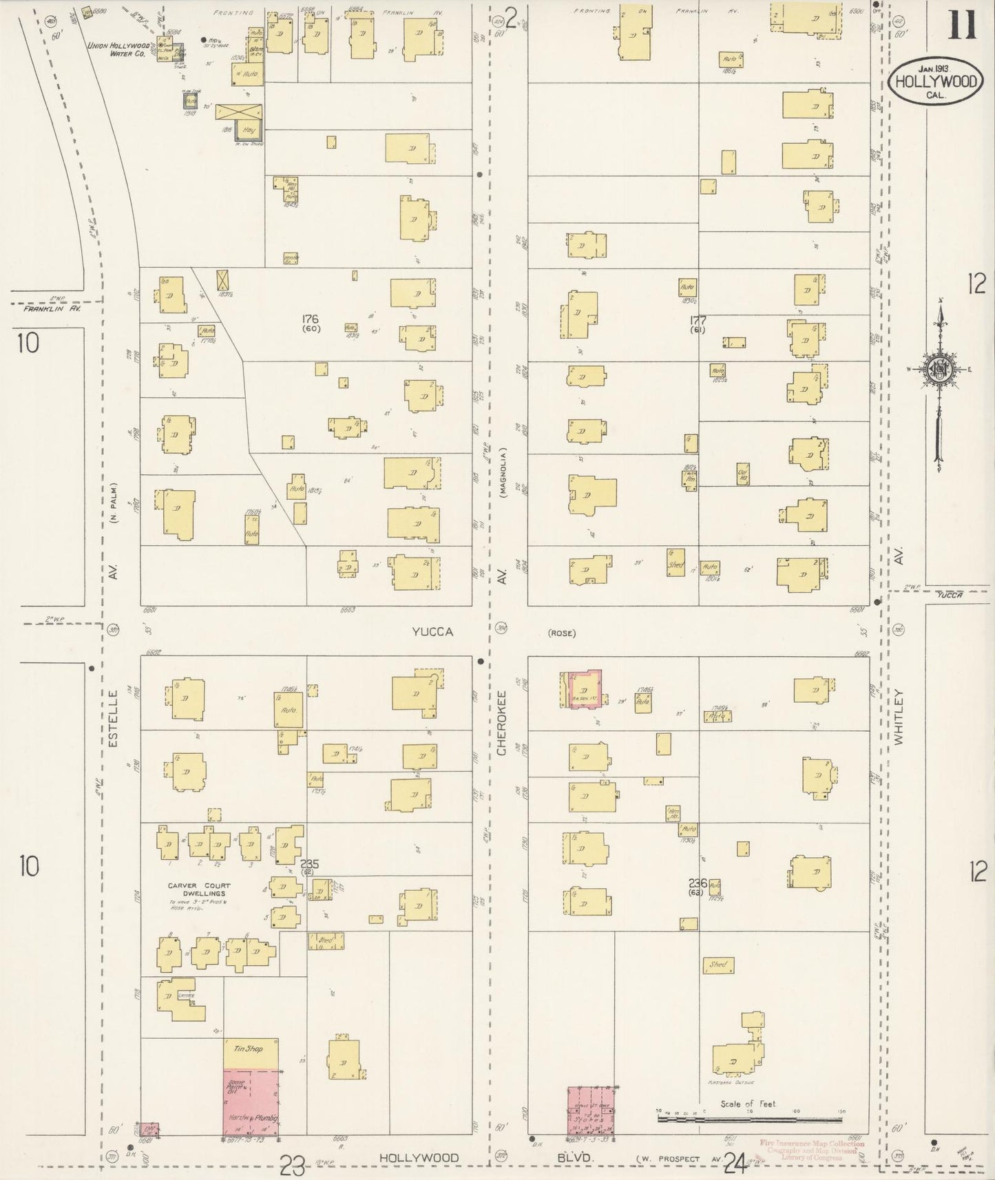 Sanborn Fire Insurance Map from Hollywood, Los Angeles County, California (1913), Sheet #0011 - Historic Sanborn Fire Insurance Map Print, vintage old map wall art, antique decor, genealogy gift, California California map