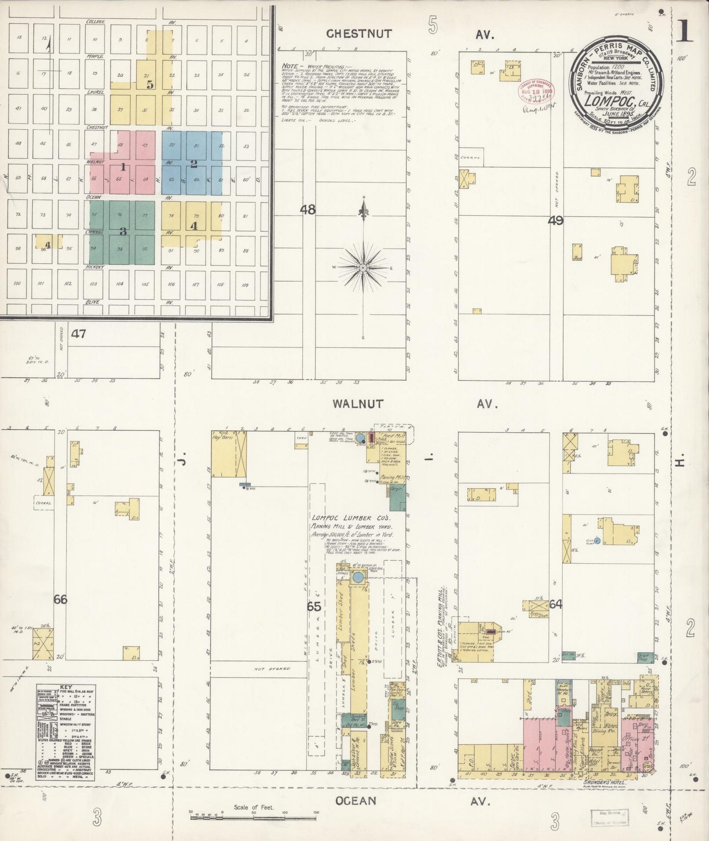 Sanborn Fire Insurance Map from Lompoc, Santa Barbara County, California (1895), Sheet #0001 - Historic Sanborn Fire Insurance Map Print, vintage old map wall art, antique decor, genealogy gift, California California map