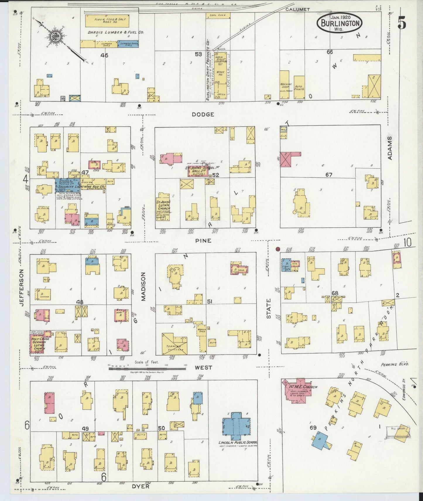 Sanborn Fire Insurance Map from Burlington, Racine County, Wisconsin (1920), Sheet #0005 - Historic Sanborn Fire Insurance Map Print, vintage old map wall art, antique decor, genealogy gift, Wisconsin Wisconsin map