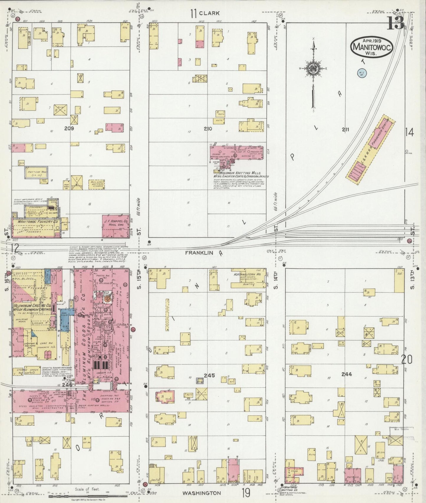 Sanborn Fire Insurance Map from Manitowoc, Manitowoc County, Wisconsin (1919), Sheet #0013 - Historic Sanborn Fire Insurance Map Print, vintage old map wall art, antique decor, genealogy gift, Wisconsin Wisconsin map