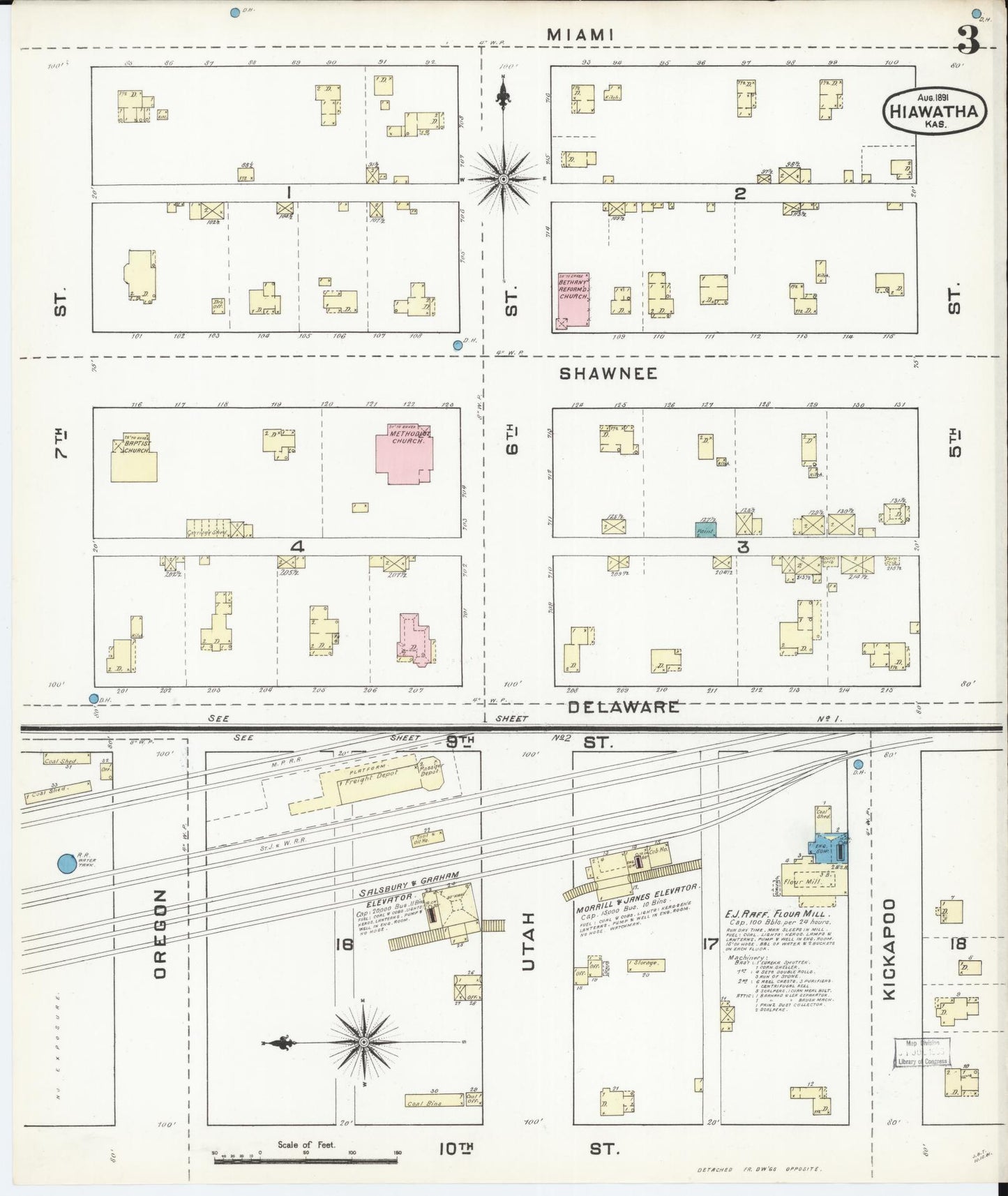 Sanborn Fire Insurance Map from Hiawatha, Brown County, Kansas (1891), Sheet #0003 - Historic Sanborn Fire Insurance Map Print, vintage old map wall art, antique decor, genealogy gift, Kansas Kansas map