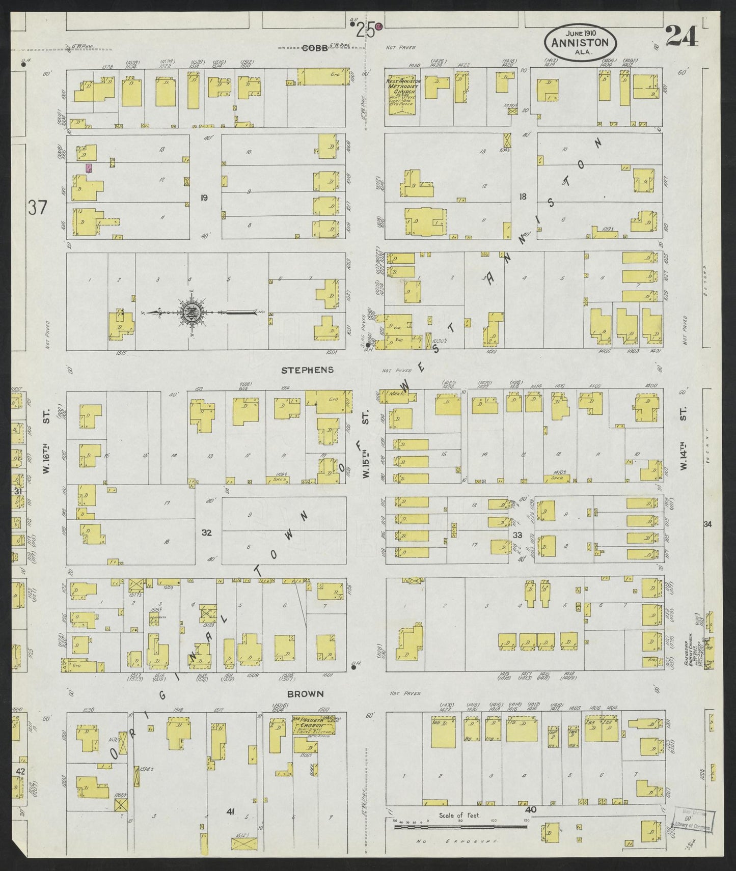 Sanborn Fire Insurance Map from Anniston, Calhoun County, Alabama (1910), Sheet #0024 - Historic Sanborn Fire Insurance Map Print, vintage old map wall art, antique decor, genealogy gift, Alabama Alabama map