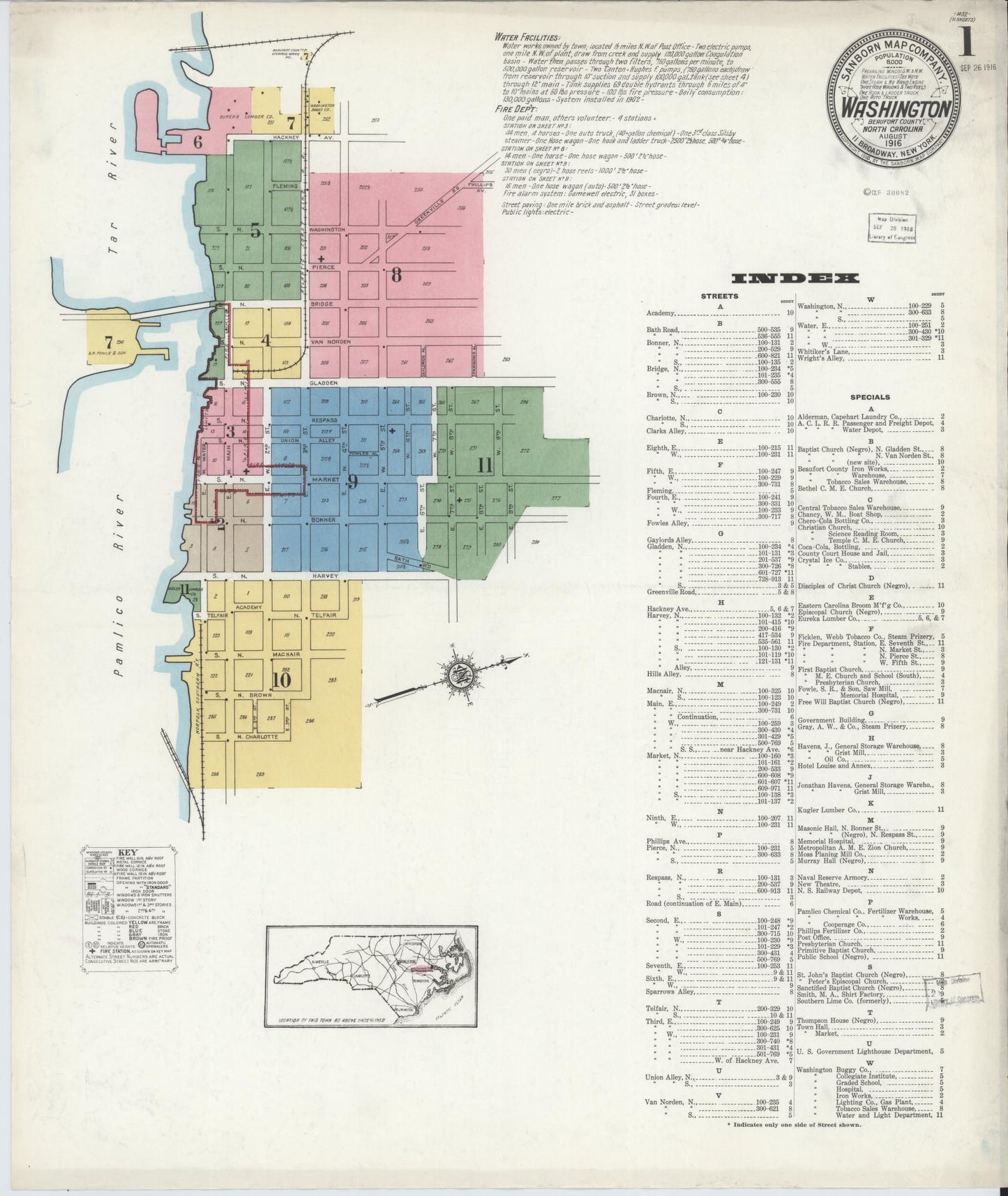 Sanborn Fire Insurance Map from Washington, Beaufort County, North Carolina (1916), Sheet #0001 - Historic Sanborn Fire Insurance Map Print, vintage old map wall art, antique decor, genealogy gift, Washington Washington map
