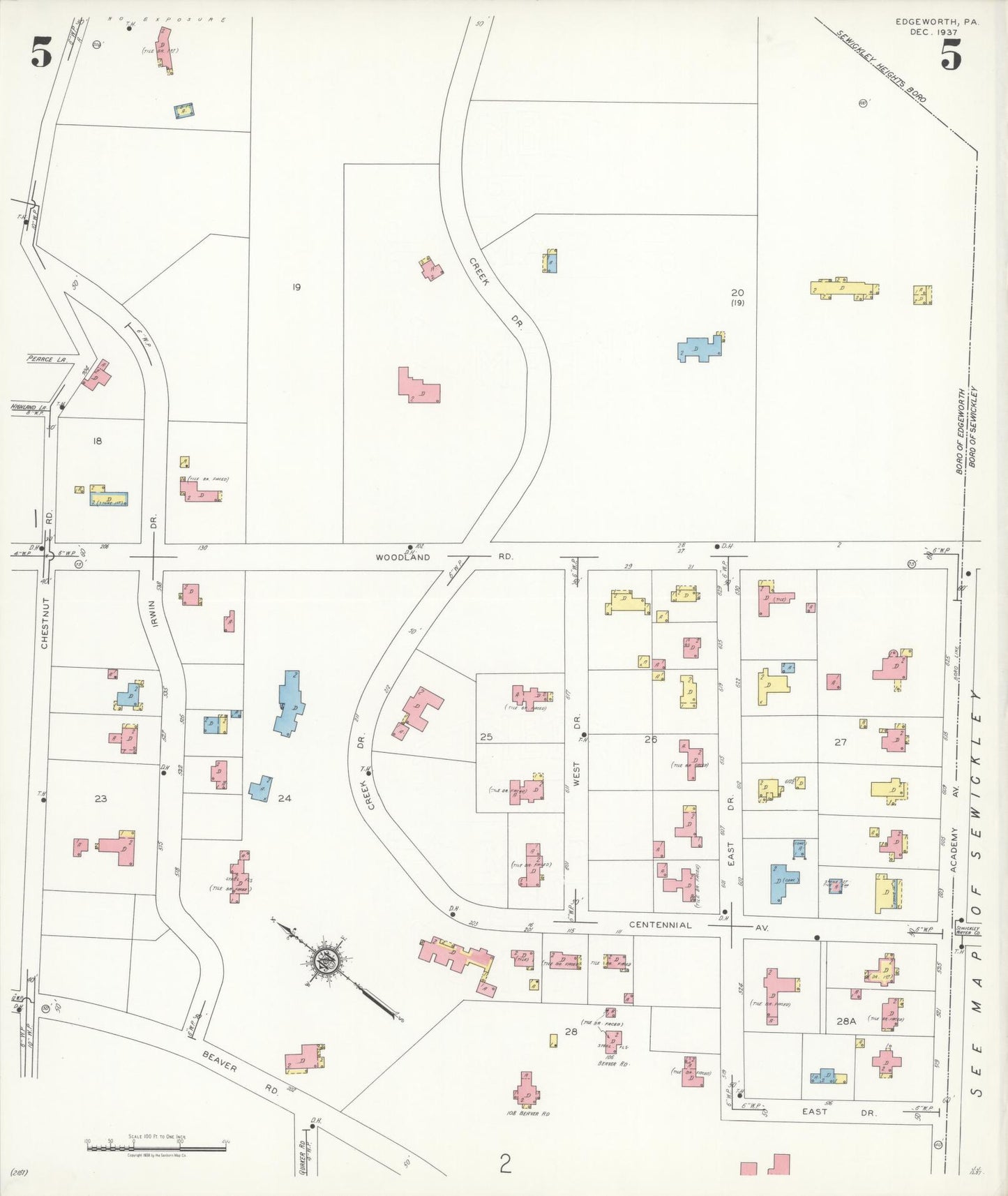 Sanborn Fire Insurance Map from Edgeworth, Allegheny County, Pennsylvania (1938), Sheet #0005 - Historic Sanborn Fire Insurance Map Print, vintage old map wall art, antique decor, genealogy gift, Pennsylvania Pennsylvania map