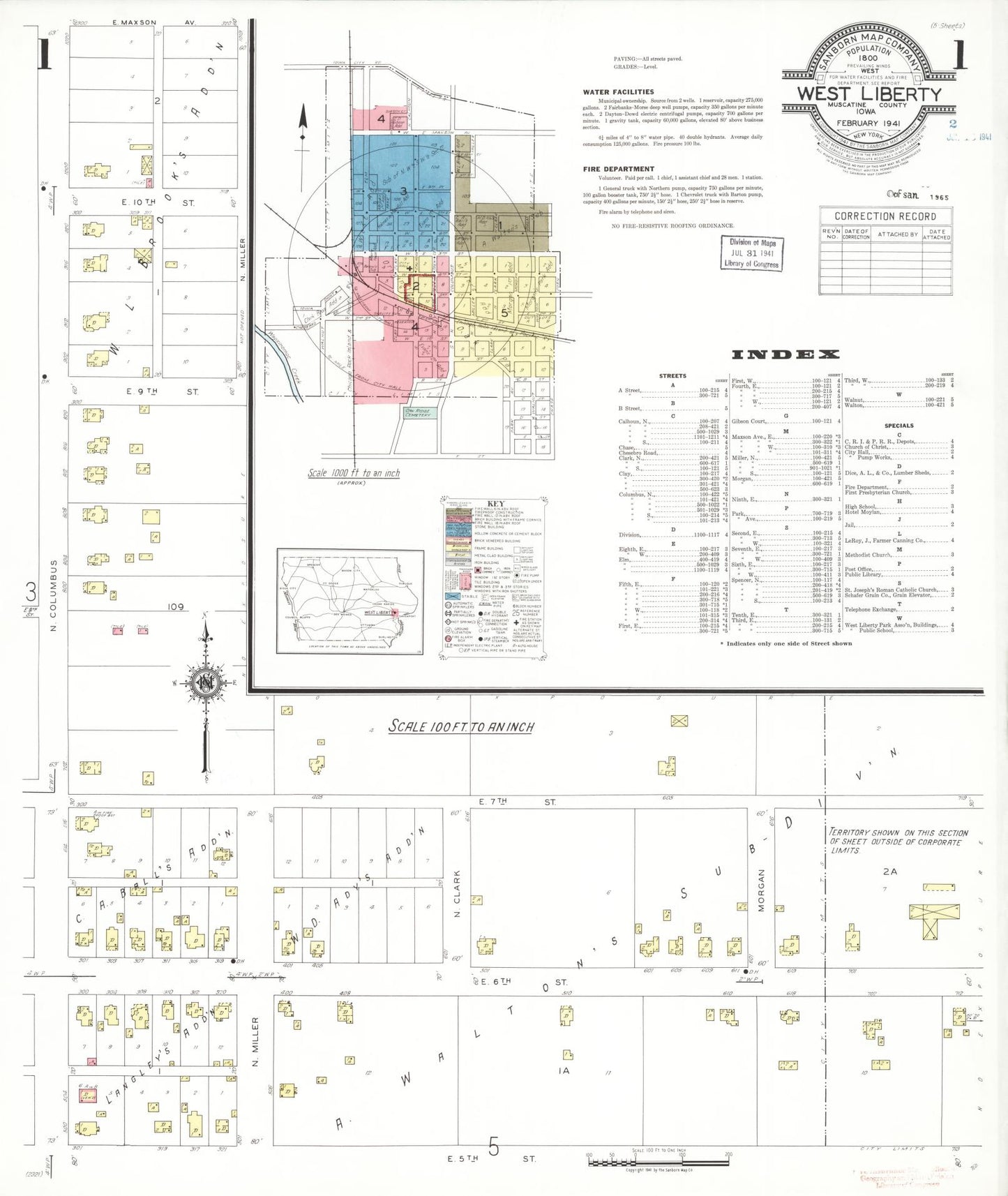 Sanborn Fire Insurance Map from West Liberty, Muscatine County, Iowa (1941), Sheet #0001 - Historic Sanborn Fire Insurance Map Print
