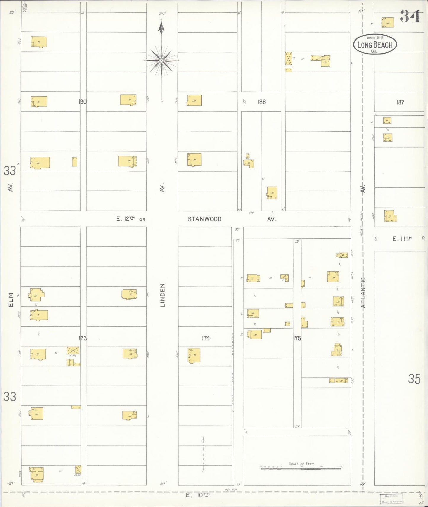 Sanborn Fire Insurance Map from Long Beach, Los Angeles County, California (1905), Sheet #0034 - Historic Sanborn Fire Insurance Map Print, vintage old map wall art, antique decor, genealogy gift, California California map