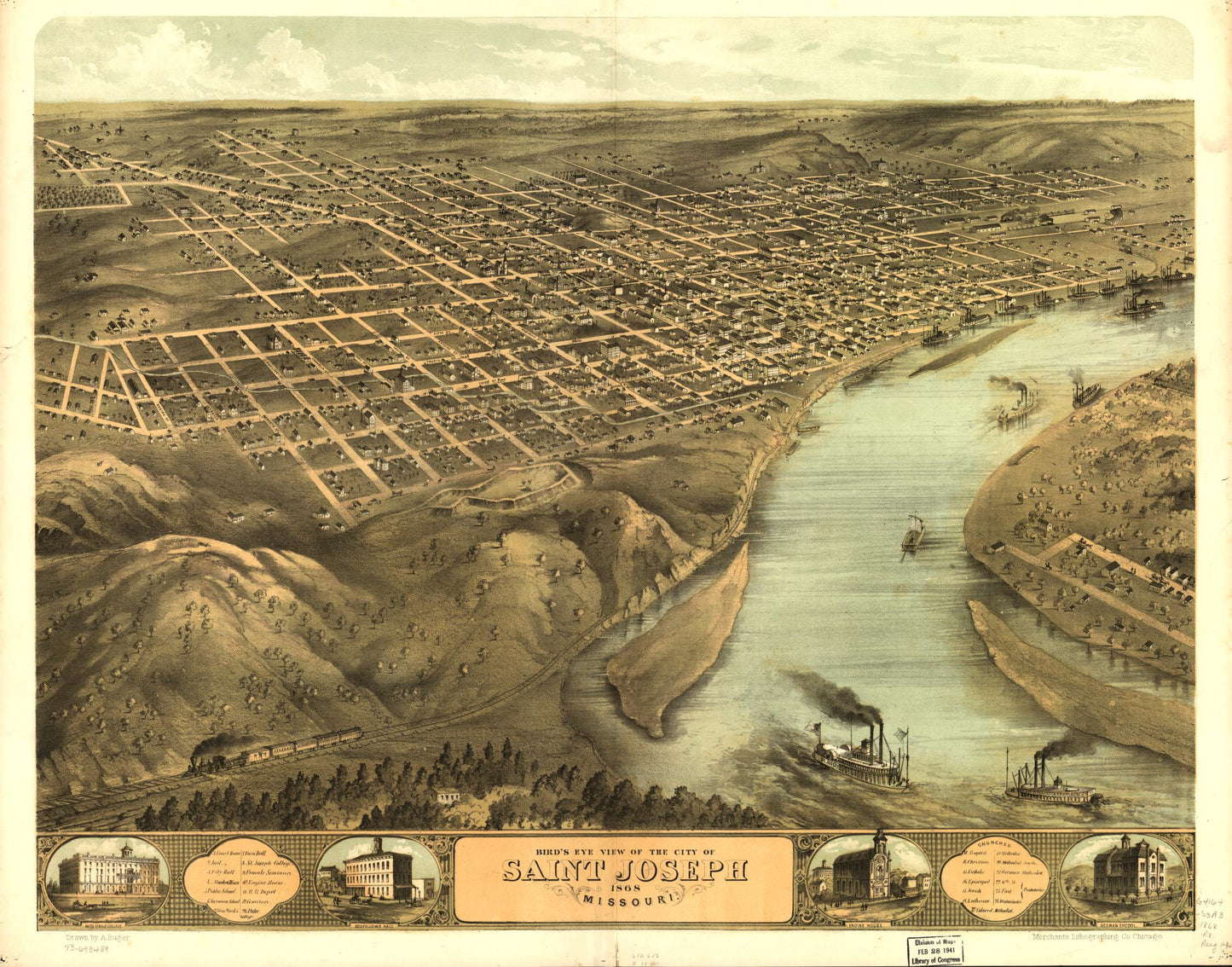Bird's eye view of the city of Saint Joseph, Missouri 1868. (1868) – Historic Bird’s-Eye View Panorama Print