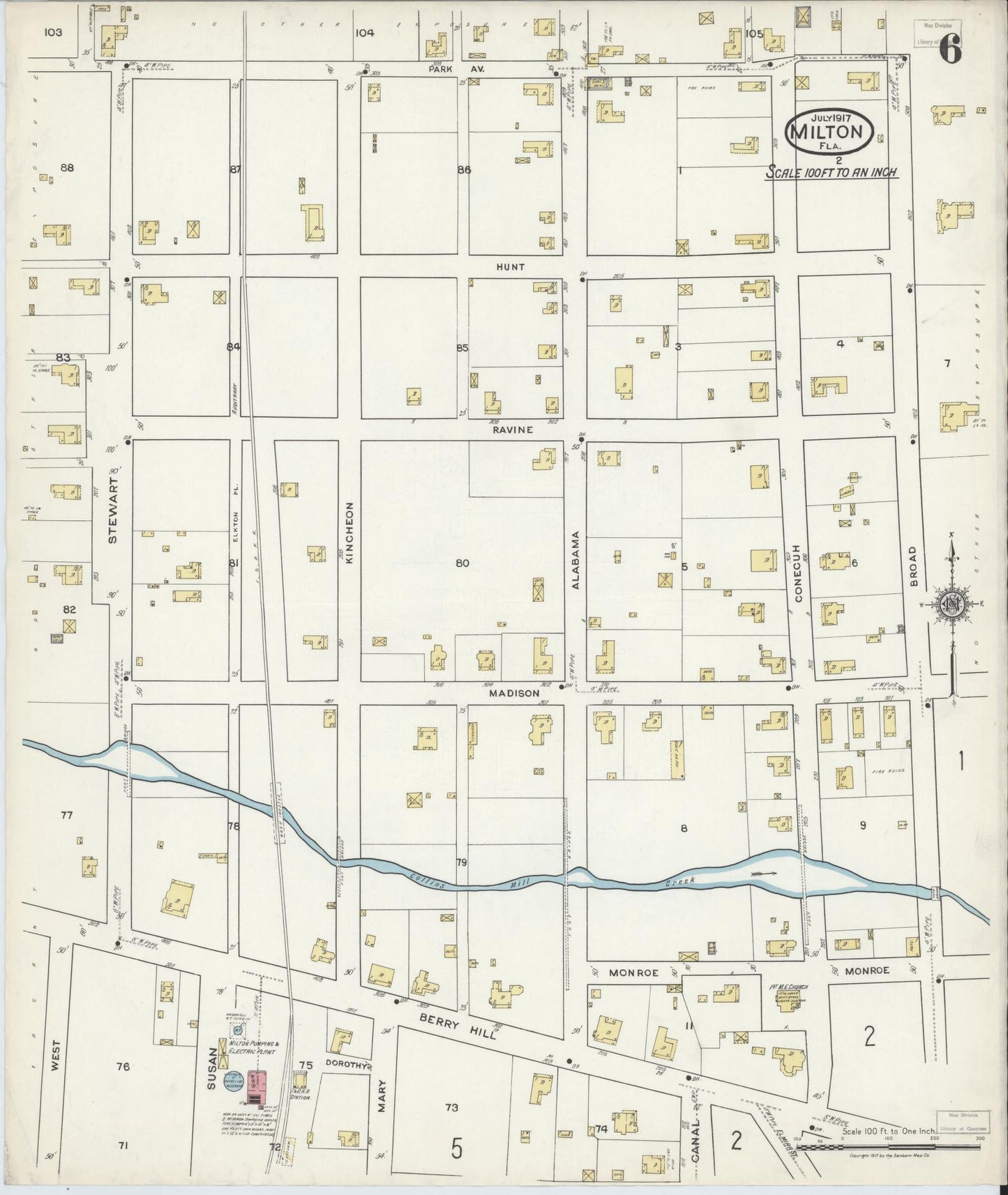 Sanborn Fire Insurance Map from Milton, Santa Rosa County, Florida (1917), Sheet #0006 - Historic Sanborn Fire Insurance Map Print, vintage old map wall art, antique decor, genealogy gift, Florida Florida map