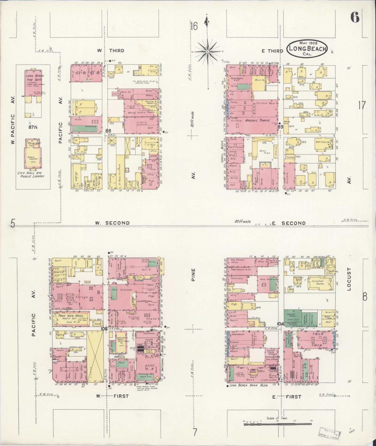 Sanborn Fire Insurance Map from Long Beach, Los Angeles County, California (1908), Sheet #0006 - Historic Sanborn Fire Insurance Map Print, vintage old map wall art, antique decor, genealogy gift, California California map