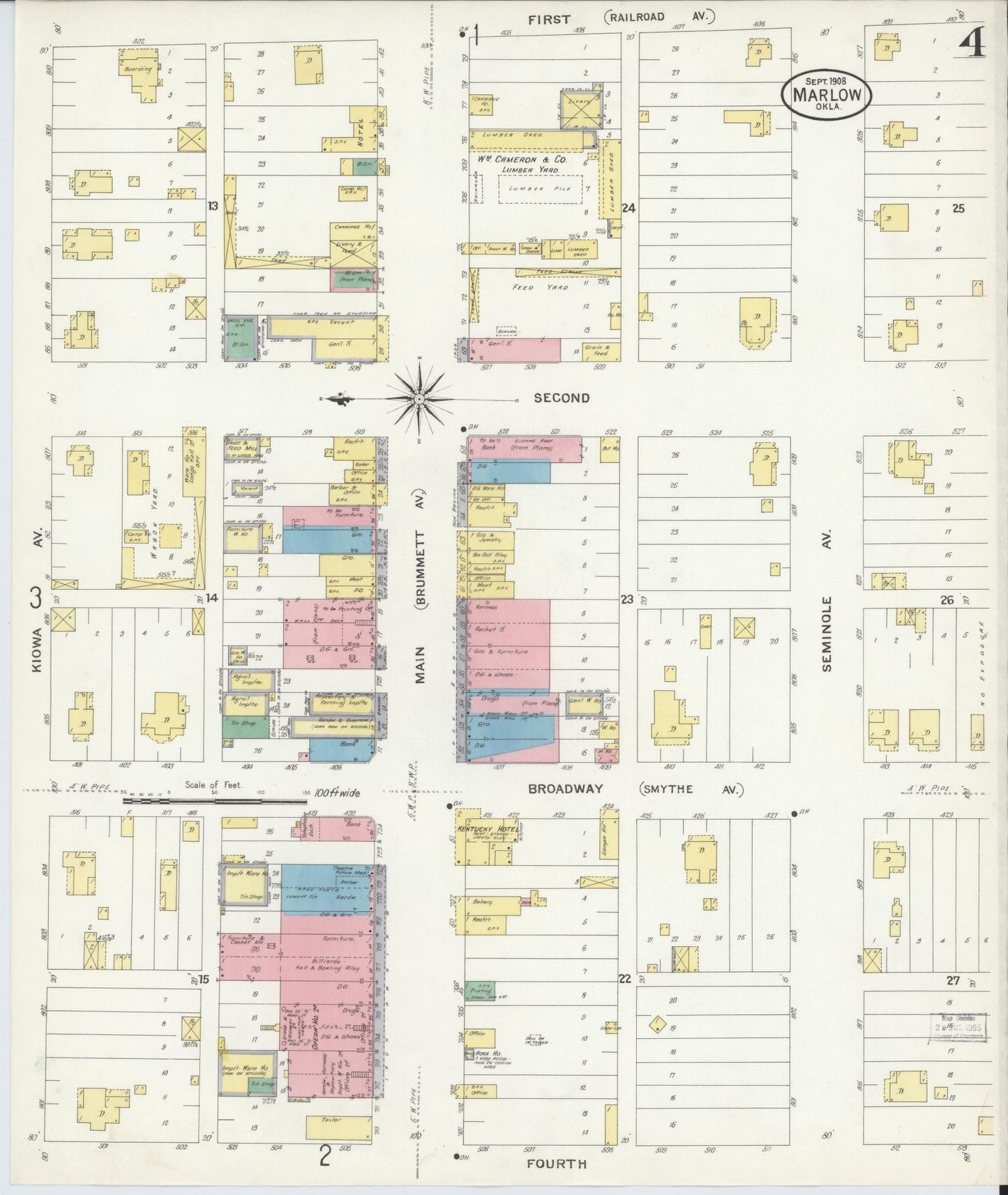 Sanborn Fire Insurance Map from Marlow, Stephens County, Oklahoma (1908), Sheet #0004 - Historic Sanborn Fire Insurance Map Print, vintage old map wall art, antique decor, genealogy gift, Oklahoma Oklahoma map