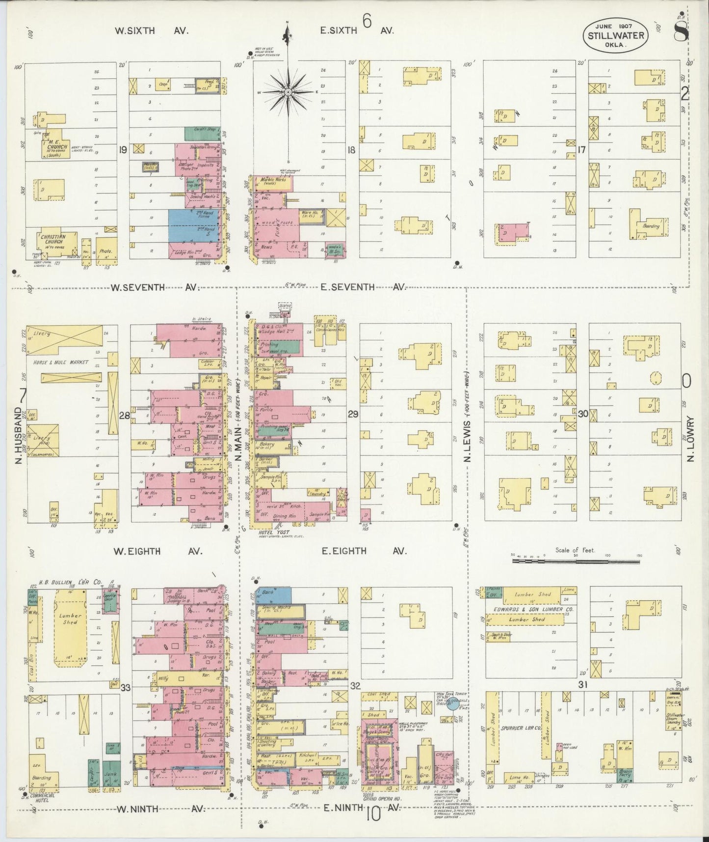 Sanborn Fire Insurance Map from Stillwater, Payne County, Oklahoma (1907), Sheet #0008 - Historic Sanborn Fire Insurance Map Print, vintage old map wall art, antique decor, genealogy gift, Oklahoma Oklahoma map