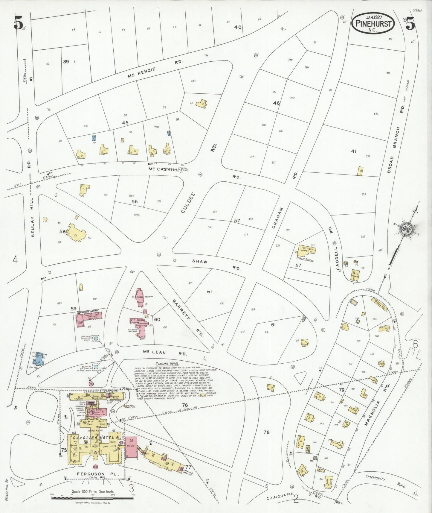 Sanborn Fire Insurance Map from Pinehurst, Moore County, North Carolina (1927), Sheet #0005 - Historic Sanborn Fire Insurance Map Print, vintage old map wall art, antique decor, genealogy gift, North Carolina North Carolina map