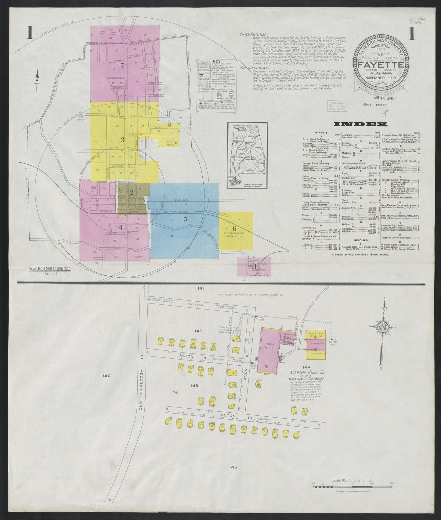 Sanborn Fire Insurance Map from Fayette, Fayette County, Alabama (1928), Sheet #0001 - Historic Sanborn Fire Insurance Map Print, vintage old map wall art, antique decor, genealogy gift, Alabama Alabama map