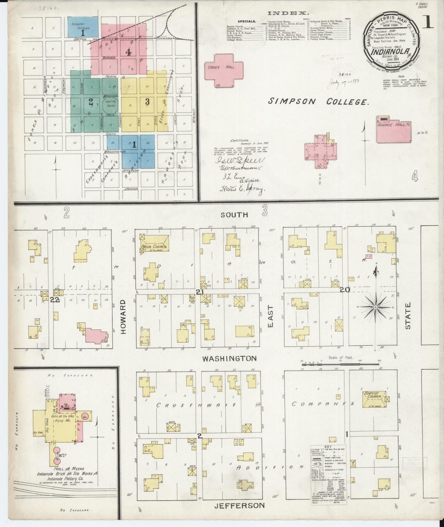 Sanborn Fire Insurance Map from Indianola, Warren County, Iowa (1893), Sheet #0001 - Historic Sanborn Fire Insurance Map Print, vintage old map wall art