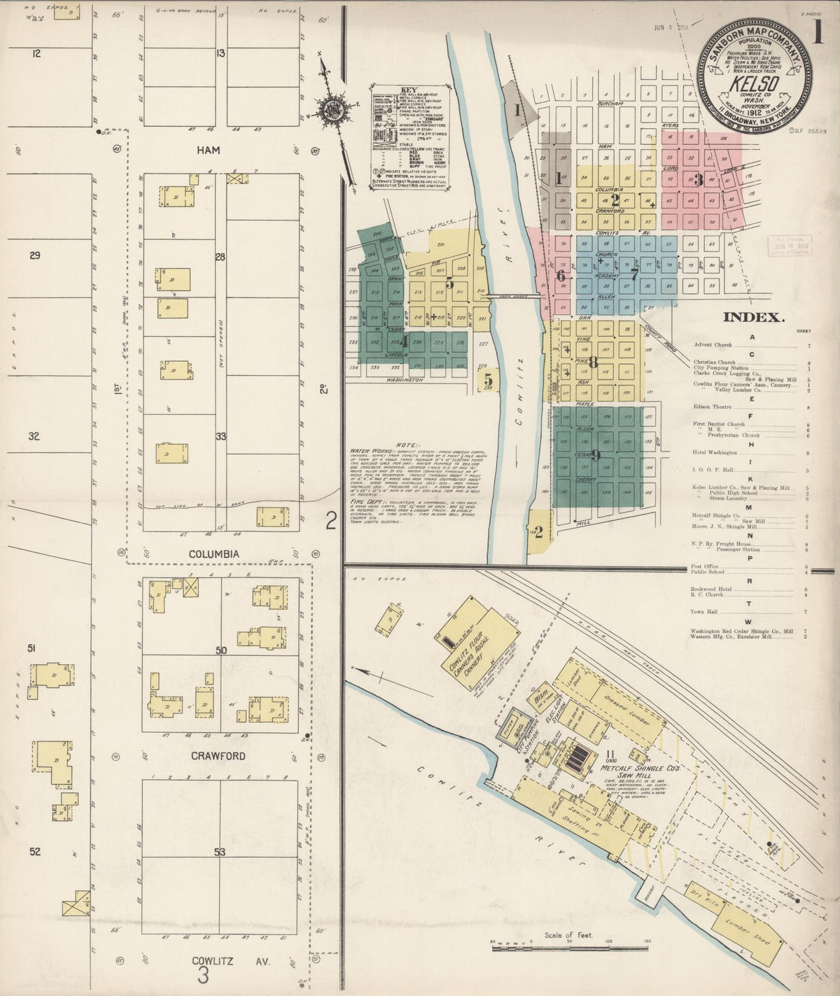 Sanborn Fire Insurance Map from Kelso, Cowlitz County, Washington (1912), Sheet #0001 - Historic Sanborn Fire Insurance Map Print, vintage old map wall art, antique decor, genealogy gift, Washington Washington map
