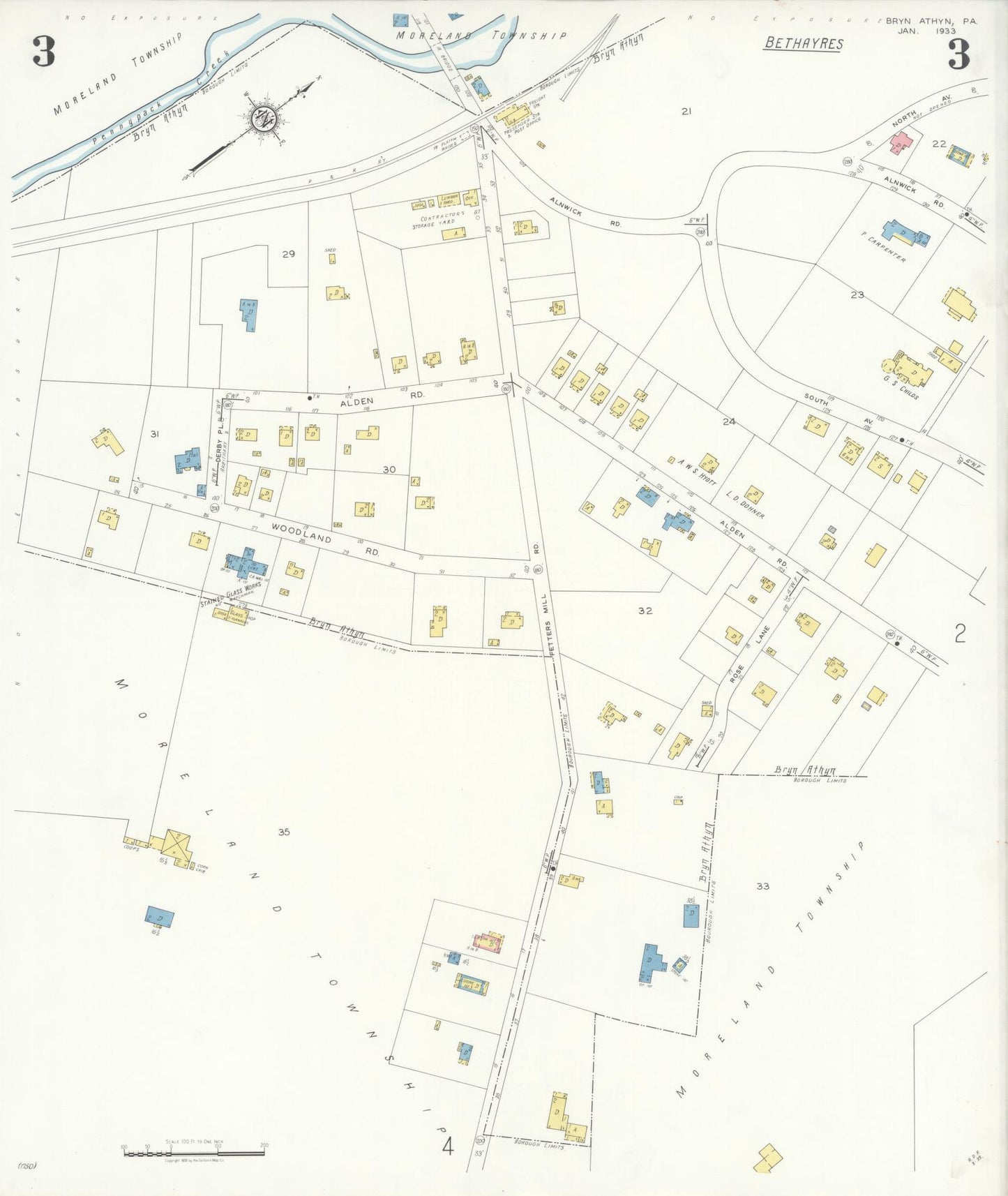 Sanborn Fire Insurance Map from Bryn Athyn, Montgomery County, Pennsylvania (1933), Sheet #0003 - Historic Sanborn Fire Insurance Map Print, vintage old map wall art, antique decor, genealogy gift, Pennsylvania Pennsylvania map