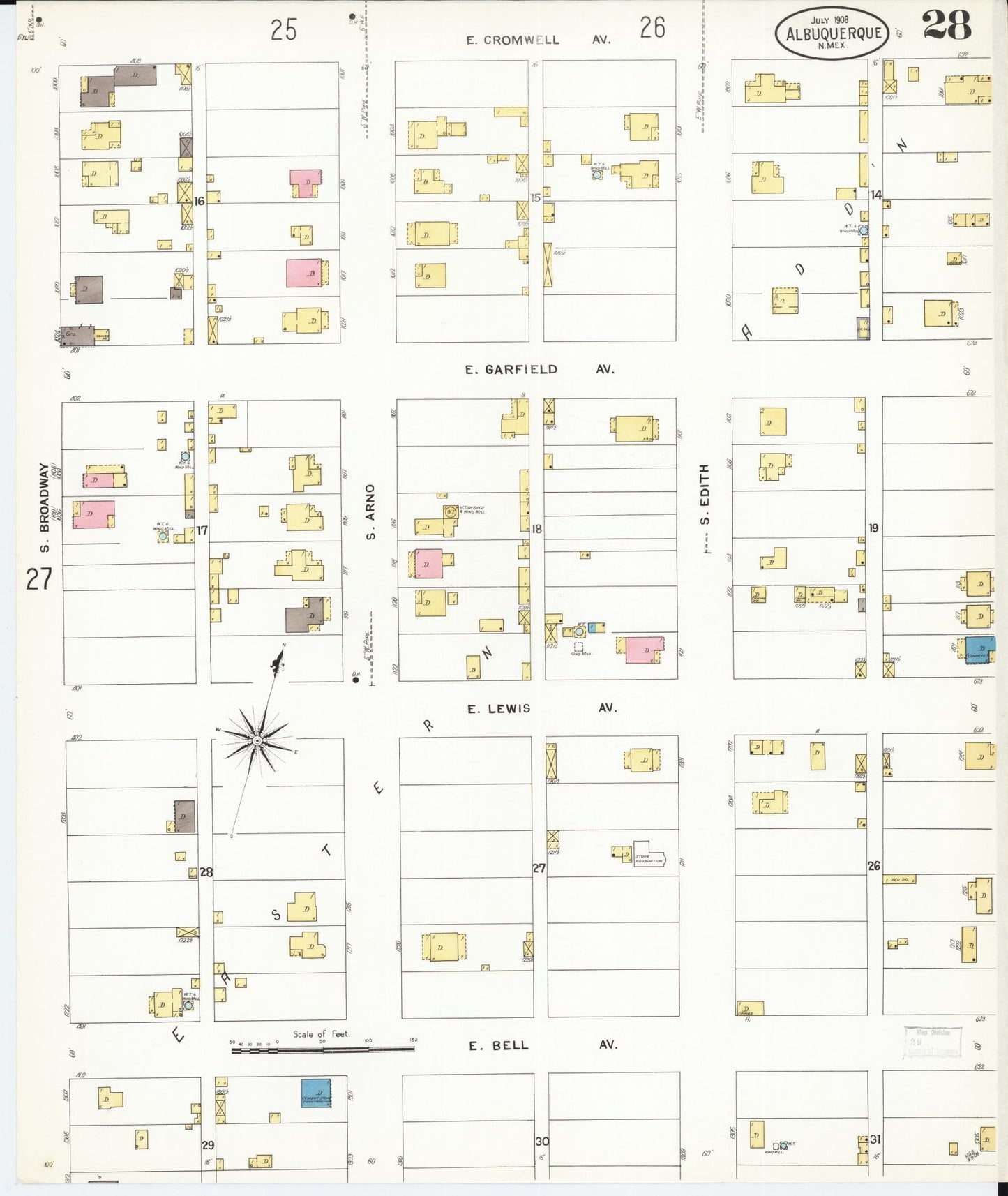 Sanborn Fire Insurance Map from Albuquerque, Bernalillo County, New Mexico (1908), Sheet #0028 - Historic Sanborn Fire Insurance Map Print, vintage old map wall art, antique decor, genealogy gift, New Mexico New Mexico map