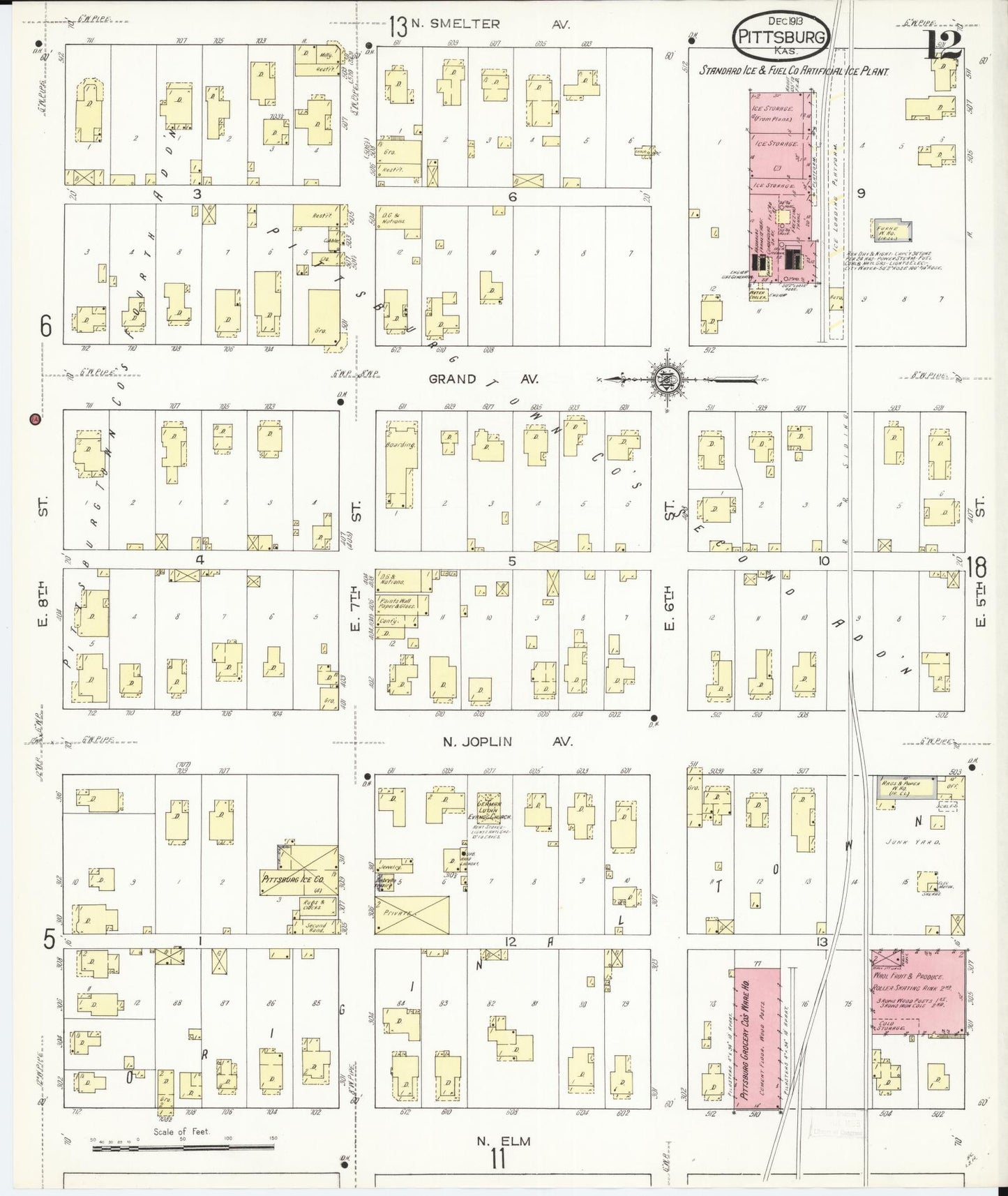 Sanborn Fire Insurance Map from Pittsburg, Crawford County, Kansas (1913), Sheet #0012 - Historic Sanborn Fire Insurance Map Print, vintage old map wall art, antique decor, genealogy gift, Kansas Kansas map
