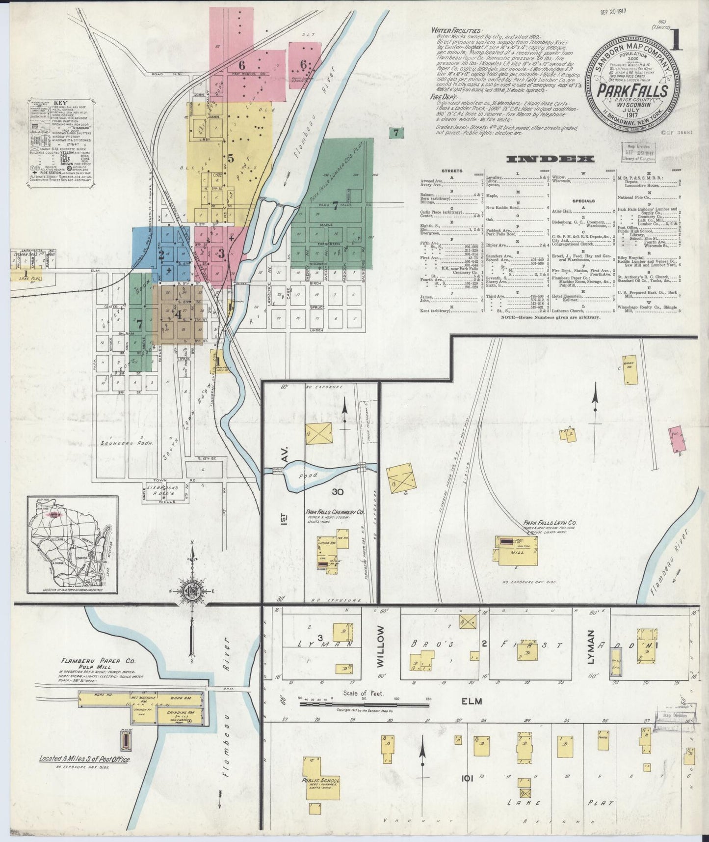 Sanborn Fire Insurance Map from Park Falls, Price County, Wisconsin (1917), Sheet #0001 - Historic Sanborn Fire Insurance Map Print, vintage old map wall art, antique decor, genealogy gift, Wisconsin Wisconsin map