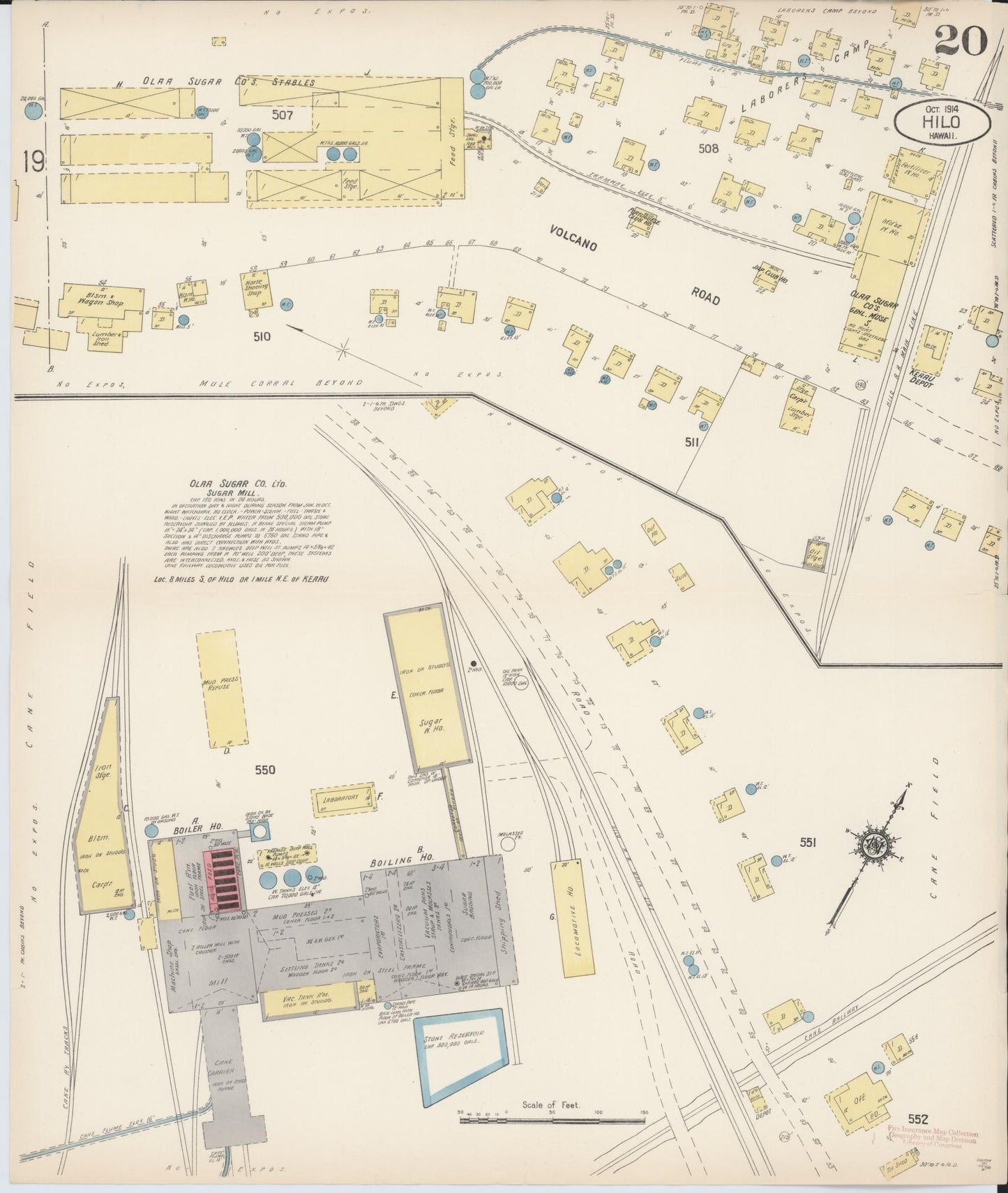 Sanborn Fire Insurance Map from Hilo, Hawaii County, Hawaii (1914), Sheet #0020 - Historic Sanborn Fire Insurance Map Print, vintage old map wall art