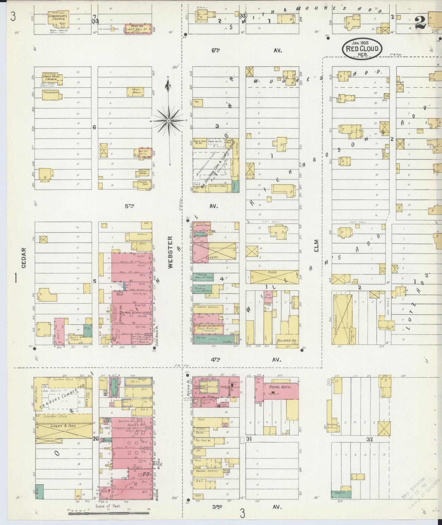 Sanborn Fire Insurance Map from Red Cloud, Webster County, Nebraska (1905), Sheet #0002 - Historic Sanborn Fire Insurance Map Print, vintage old map wall art, antique decor, genealogy gift, Nebraska Nebraska map