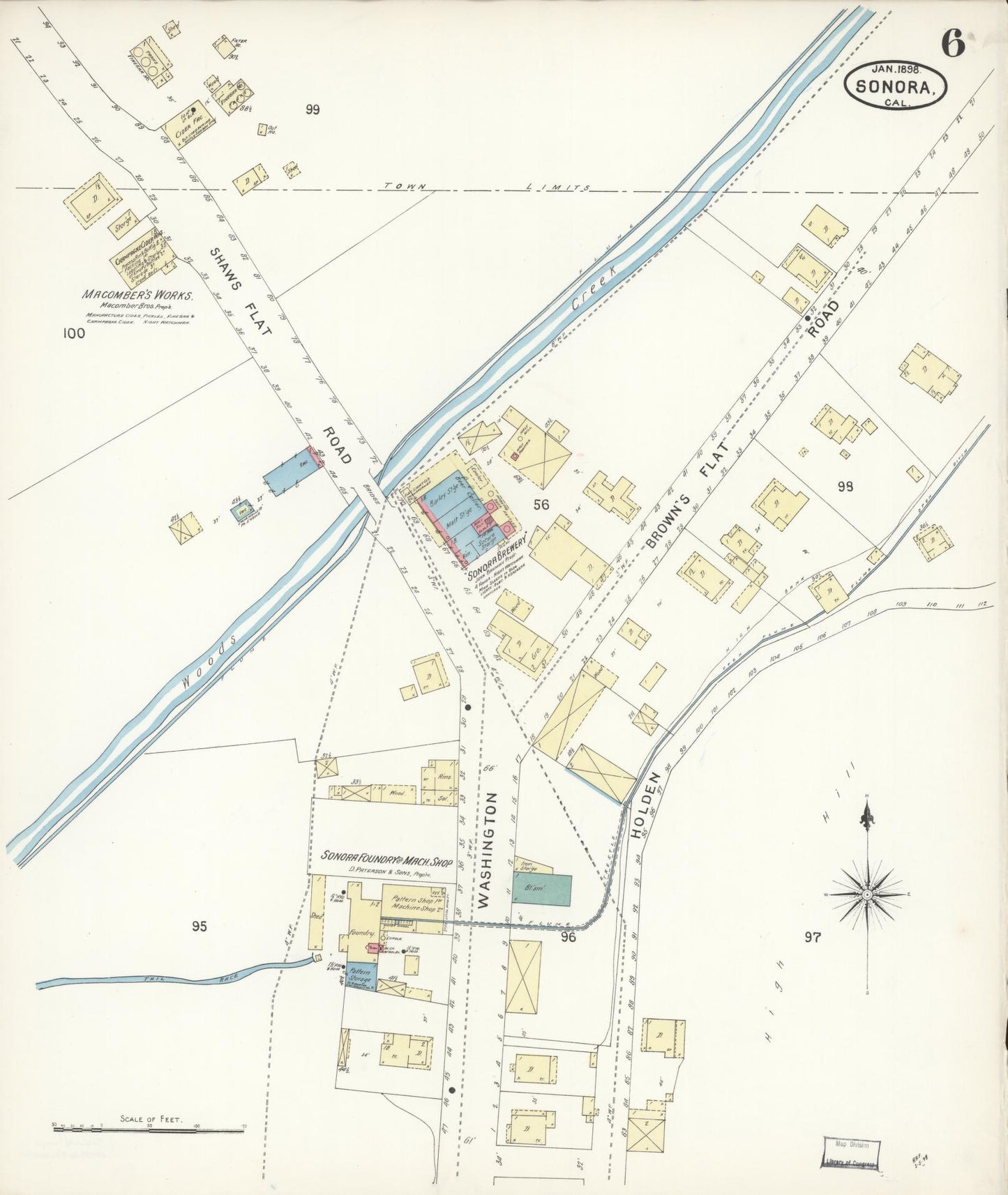 Sanborn Fire Insurance Map from Sonora, Tuolumne County, California (1898), Sheet #0006 - Complete Map Set gallery image, historic Sanborn map, vintage wall art, California California