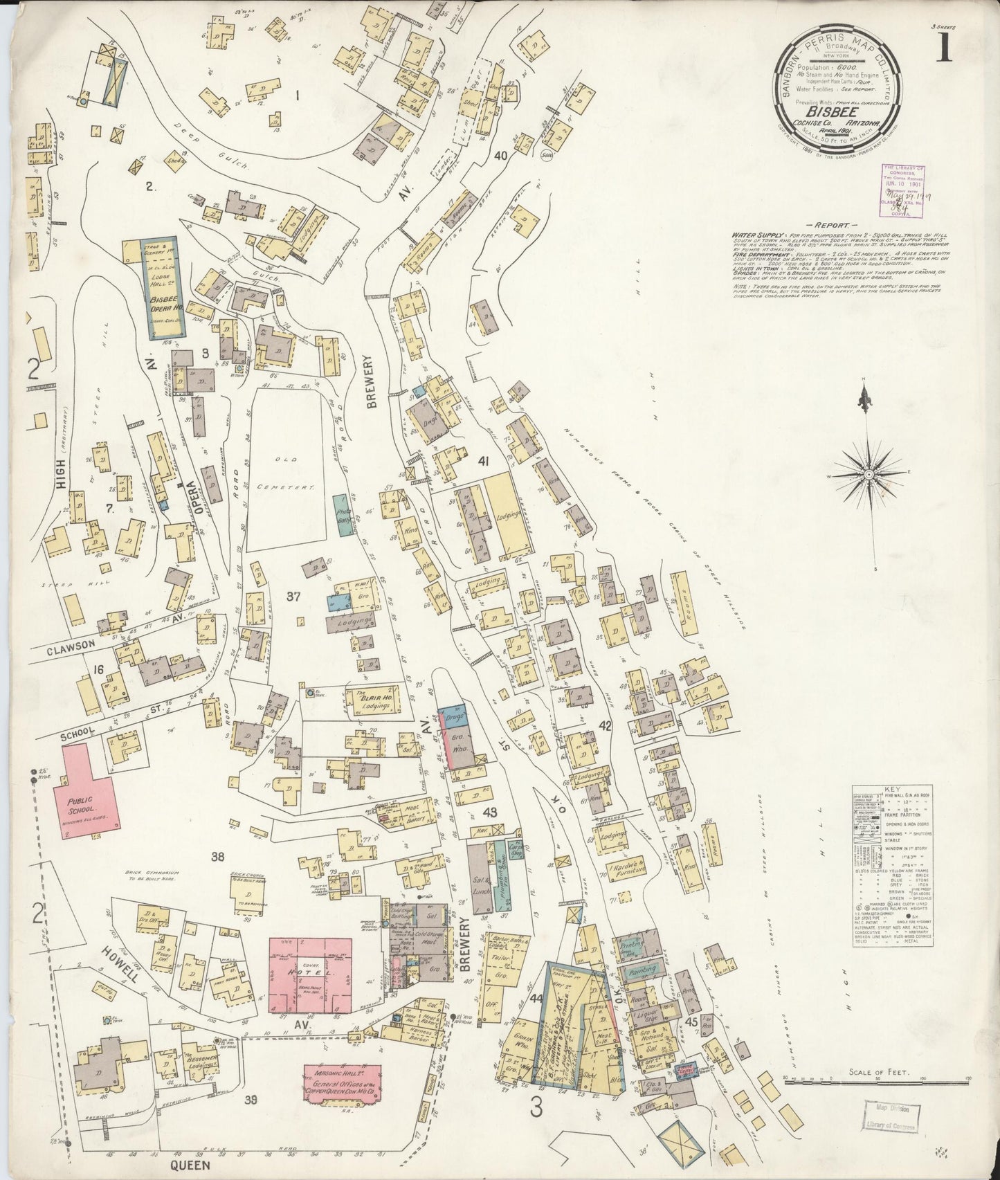 Sanborn Fire Insurance Map from Bisbee, Cochise County, Arizona (1901), Sheet #0001 - Historic Sanborn Fire Insurance Map Print, vintage old map wall art, antique decor, genealogy gift, Arizona Arizona map
