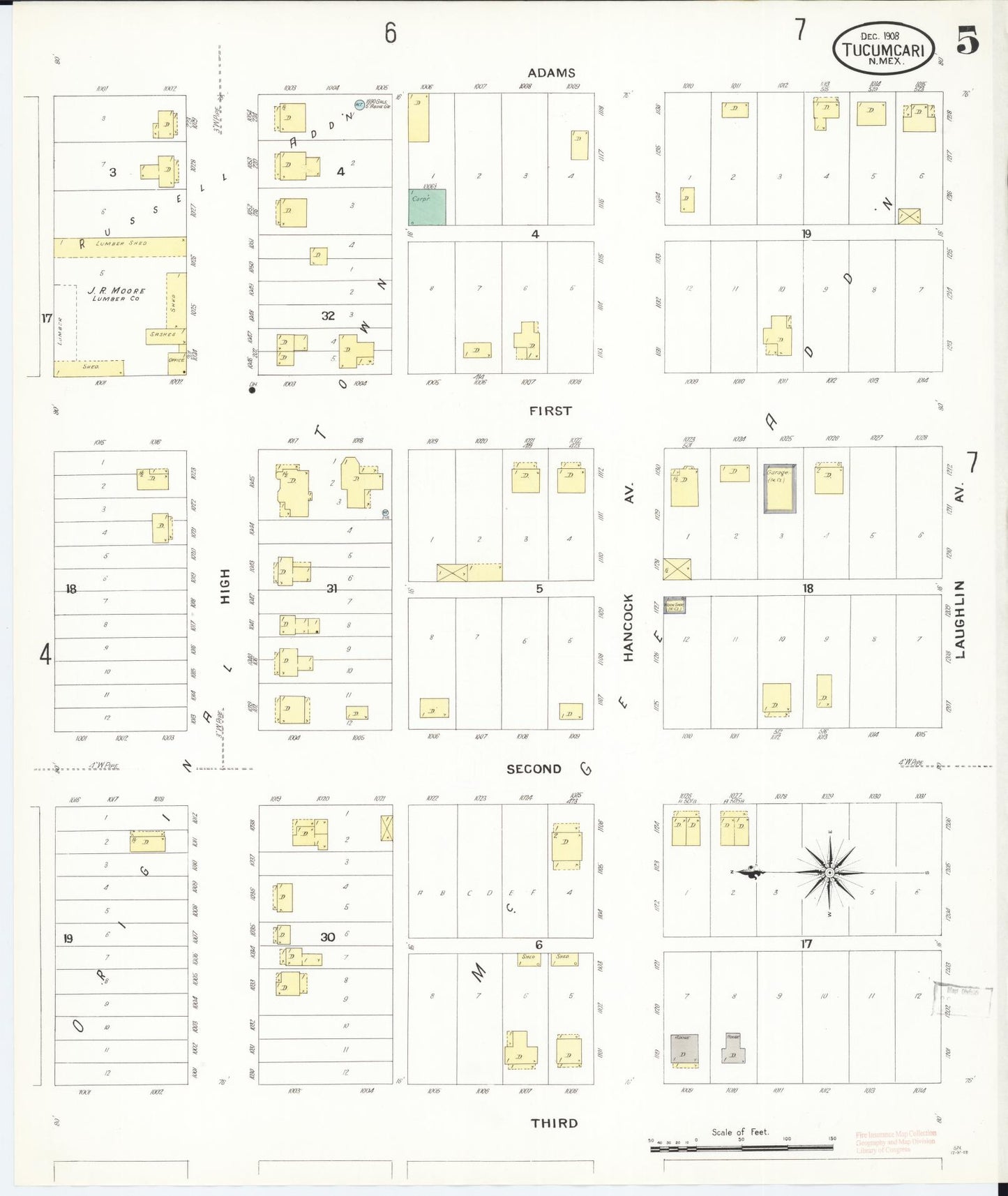 Sanborn Fire Insurance Map from Tucumcari, Quay County, New Mexico (1908), Sheet #0005 - Historic Sanborn Fire Insurance Map Print, vintage old map wall art, antique decor, genealogy gift, New Mexico New Mexico map