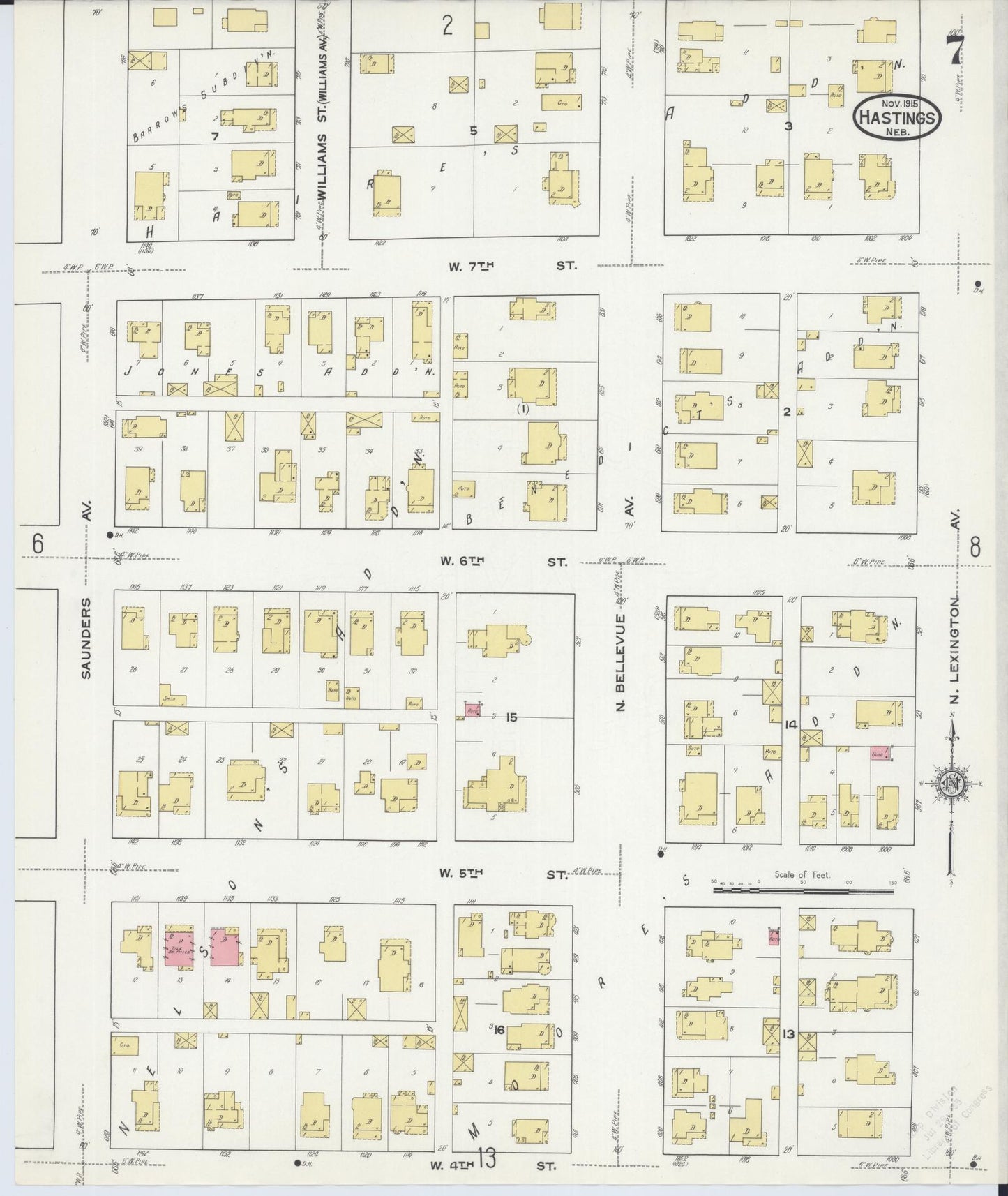 Sanborn Fire Insurance Map from Hastings, Adams County, Nebraska (1915), Sheet #0007 - Historic Sanborn Fire Insurance Map Print, vintage old map wall art, antique decor, genealogy gift, Nebraska Nebraska map