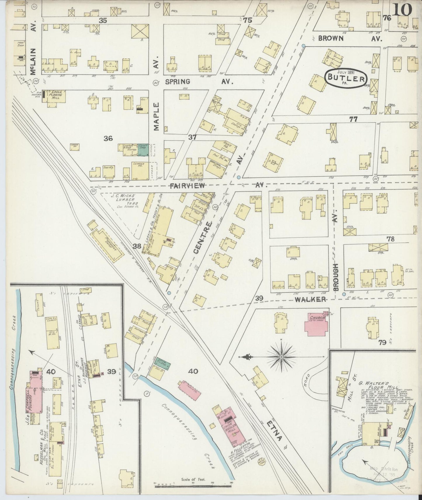 Sanborn Fire Insurance Map from Butler, Butler County, Pennsylvania (1891), Sheet #0010 - Historic Sanborn Fire Insurance Map Print, vintage old map wall art, antique decor, genealogy gift, Pennsylvania Pennsylvania map