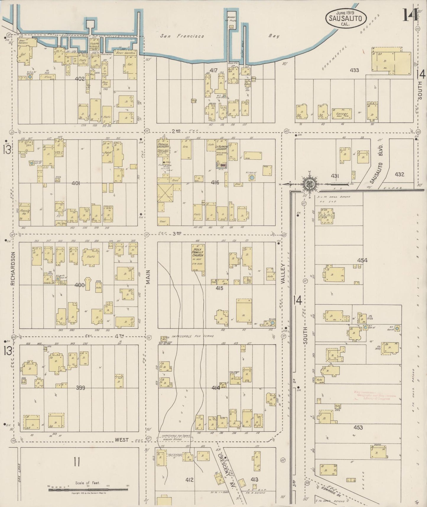 Sanborn Fire Insurance Map from Sausalito, Marin County, California (1919), Sheet #0014 - Complete Map Set gallery image, historic Sanborn map, vintage wall art, California California