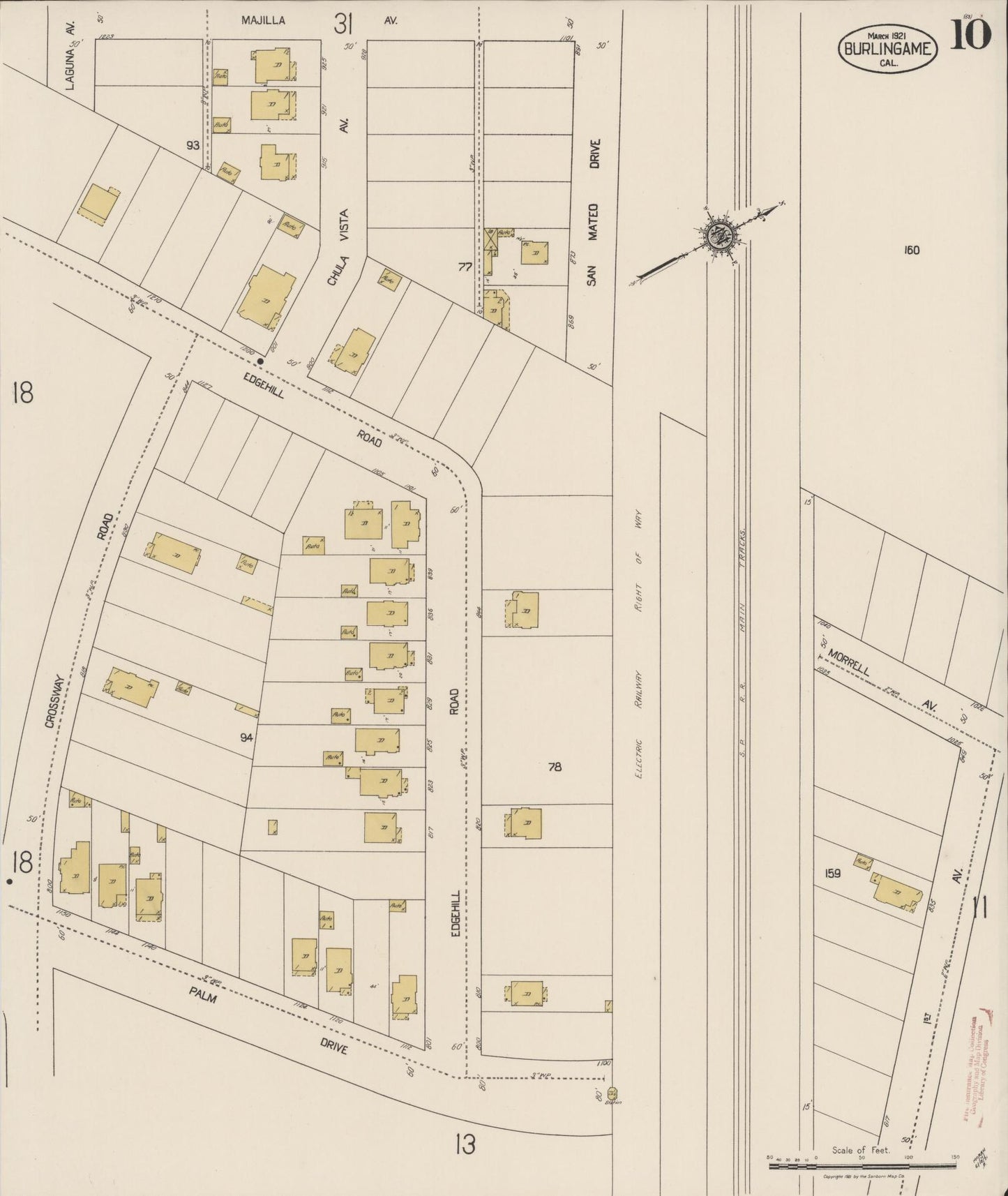 Sanborn Fire Insurance Map from Burlingame, San Mateo County, California (1921), Sheet #0010 - Historic Sanborn Fire Insurance Map Print, vintage old map wall art, antique decor, genealogy gift, California California map