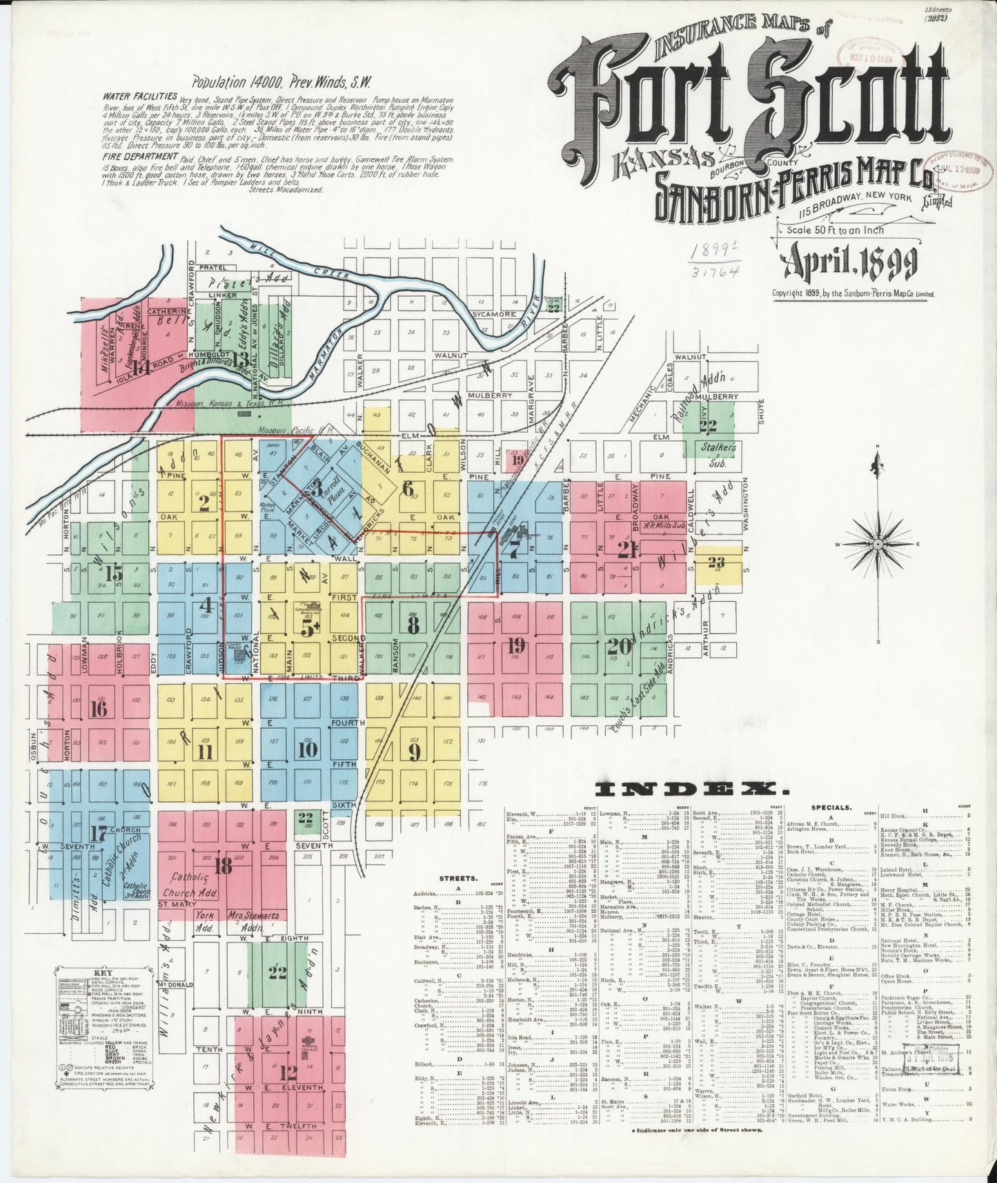 Sanborn Fire Insurance Map from Fort Scott, Bourbon County, Kansas (1899), Sheet #0001 - Historic Sanborn Fire Insurance Map Print, vintage old map wall art, antique decor, genealogy gift, Kansas Kansas map
