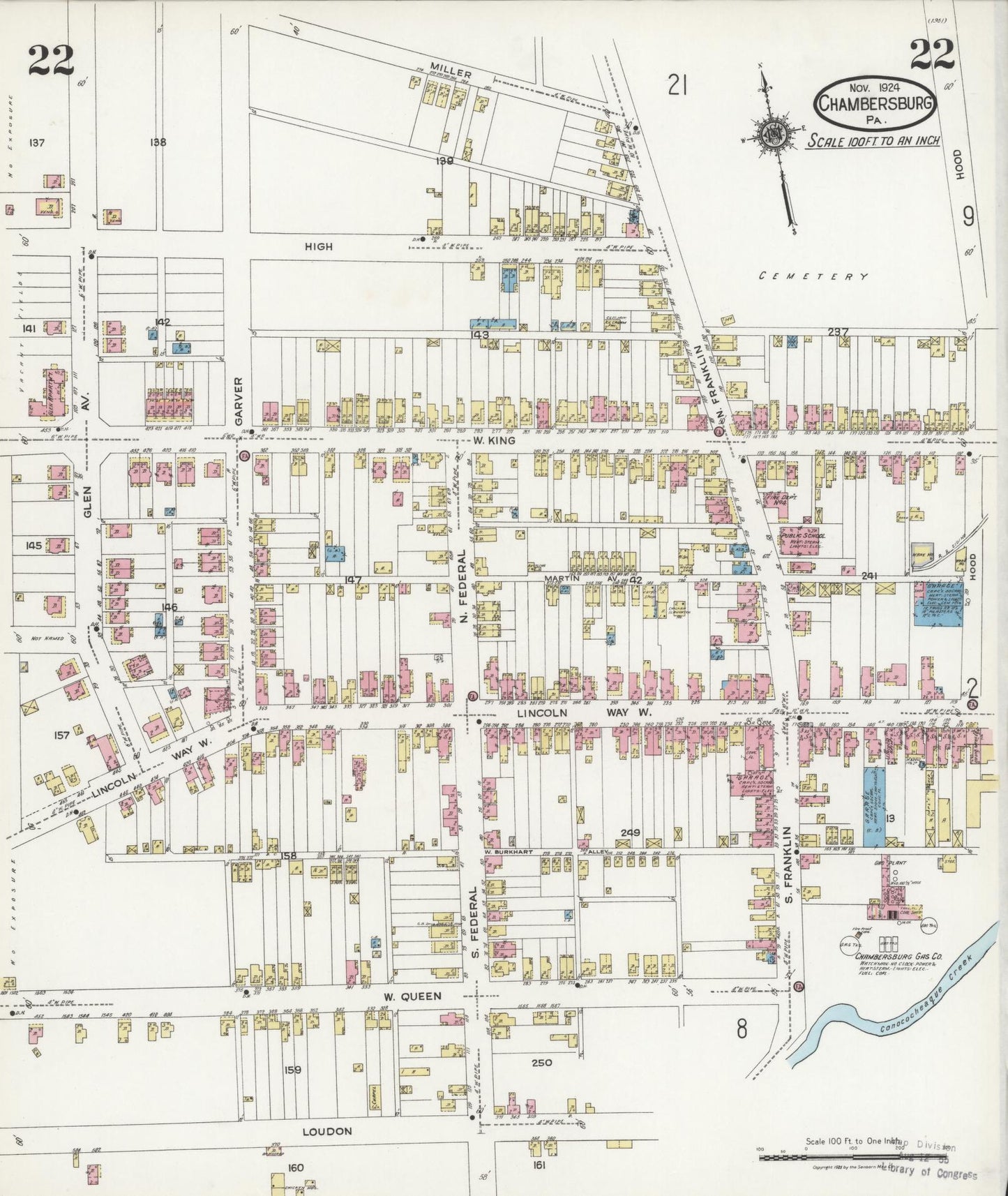 Sanborn Fire Insurance Map from Chambersburg, Franklin County, Pennsylvania (1924), Sheet #0022 - Historic Sanborn Fire Insurance Map Print, vintage old map wall art, antique decor, genealogy gift, Pennsylvania Pennsylvania map