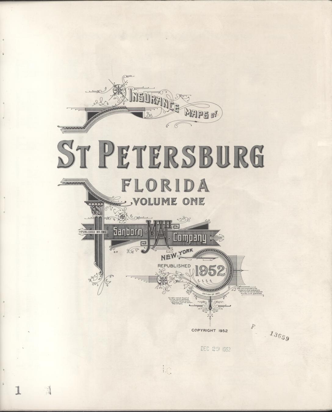 Sanborn Fire Insurance Map from Saint Petersburg, Pinellas County, Florida (1952), Sheet #0001 - Historic Sanborn Fire Insurance Map Print, vintage old map wall art, antique decor, genealogy gift, Florida Florida map