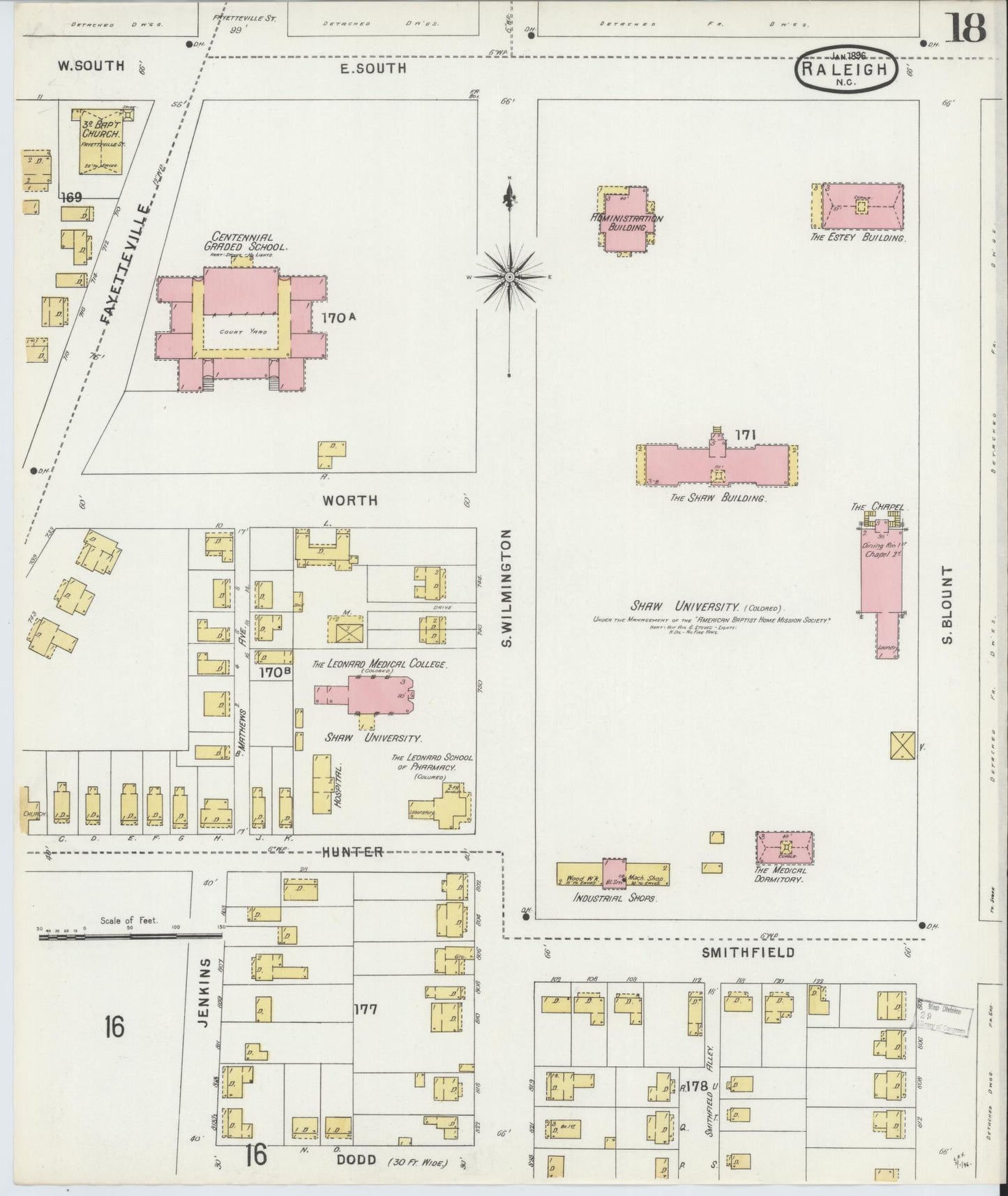 Sanborn Fire Insurance Map from Raleigh, Wake County, North Carolina (1896), Sheet #0018 - Historic Sanborn Fire Insurance Map Print, vintage old map wall art, antique decor, genealogy gift, North Carolina North Carolina map
