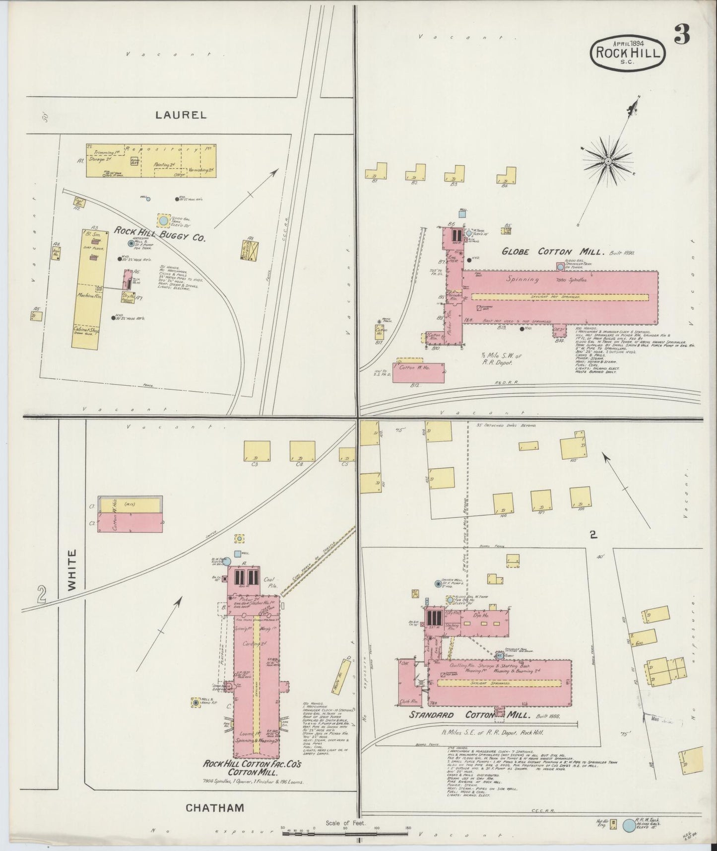 Sanborn Fire Insurance Map from Rock Hill, York County, South Carolina (1894), Sheet #0004 - Complete Map Set gallery image, historic Sanborn map, vintage wall art, South Carolina South Carolina