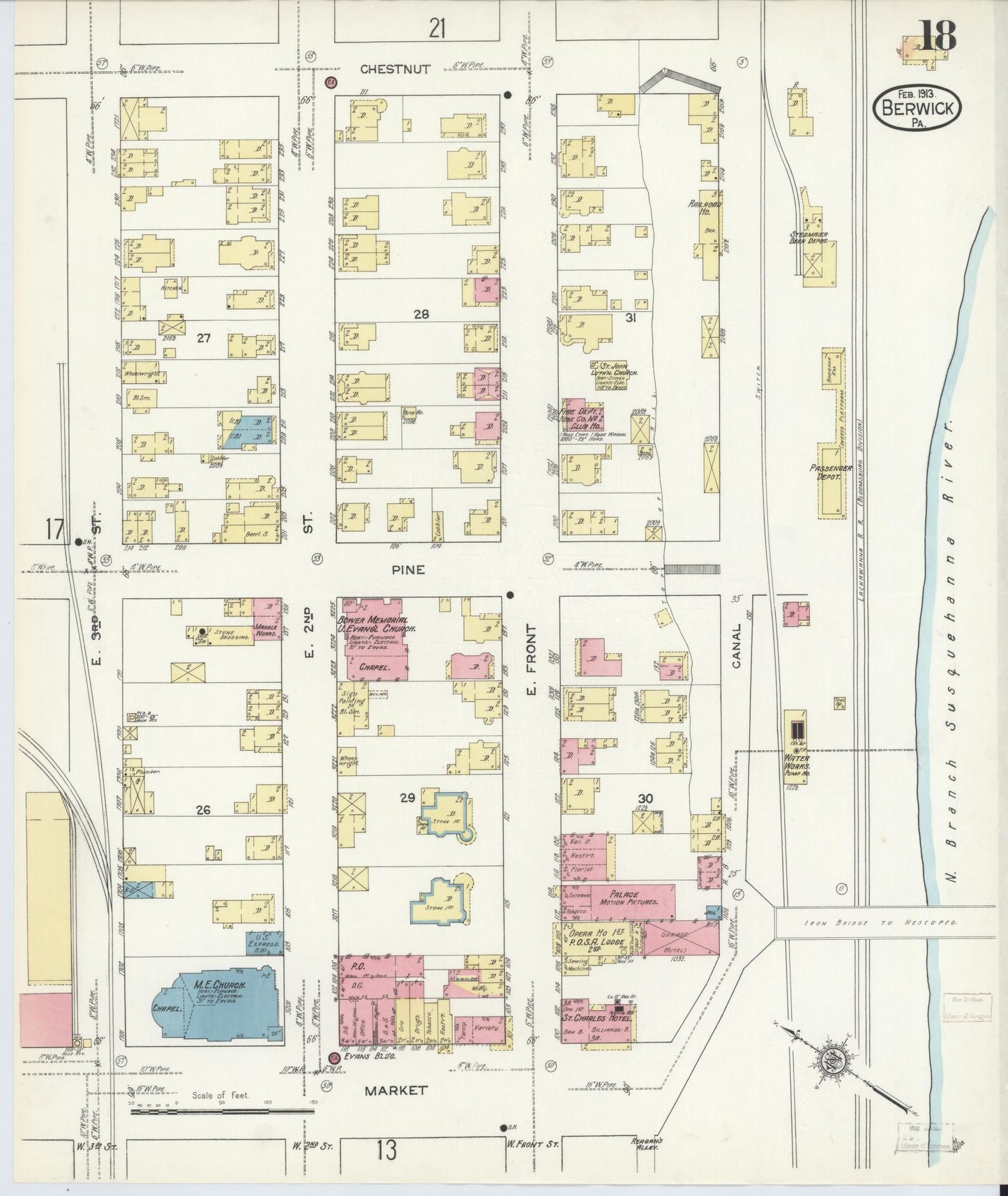 Sanborn Fire Insurance Map from Berwick, Columbia County, Pennsylvania (1913), Sheet #0018 - Historic Sanborn Fire Insurance Map Print, vintage old map wall art, antique decor, genealogy gift, Pennsylvania Pennsylvania map